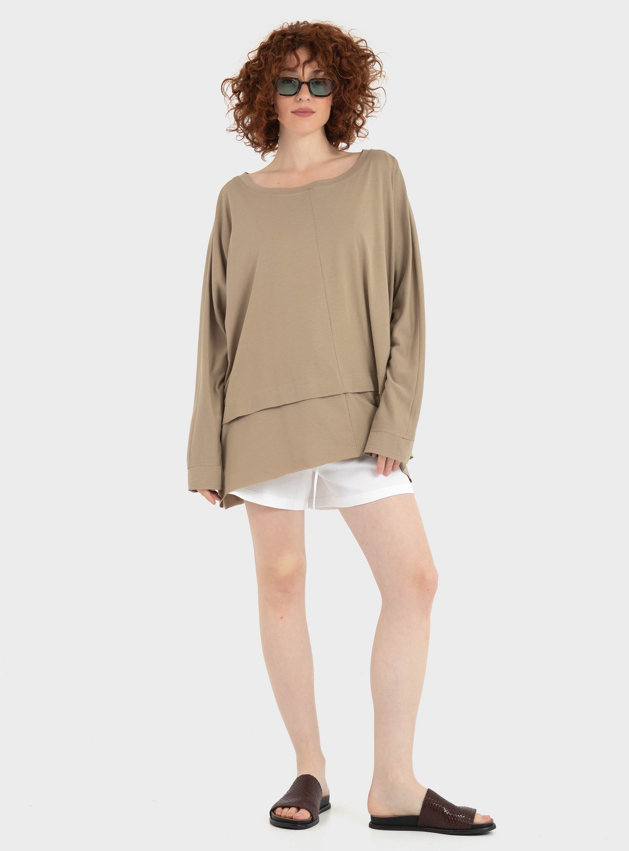 Four Minds Relaxed Bamboo Long Sleeve Blouse - Beige