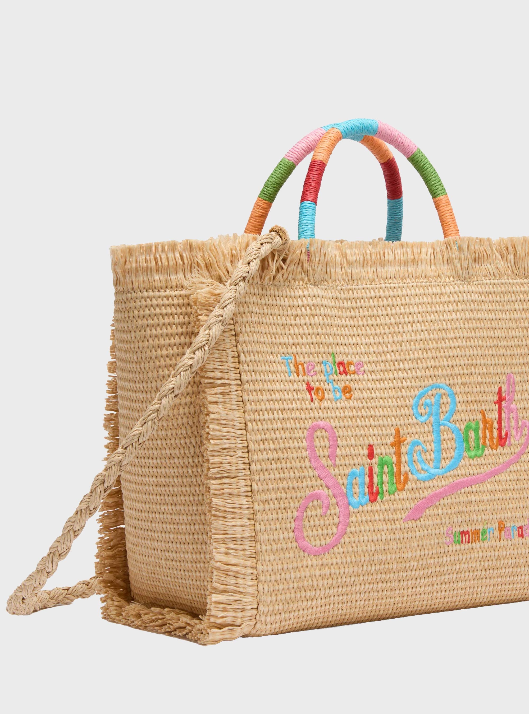 MC2 Saint Barth Colette Straw effect handbag with multicolor logo embroidery - Natural