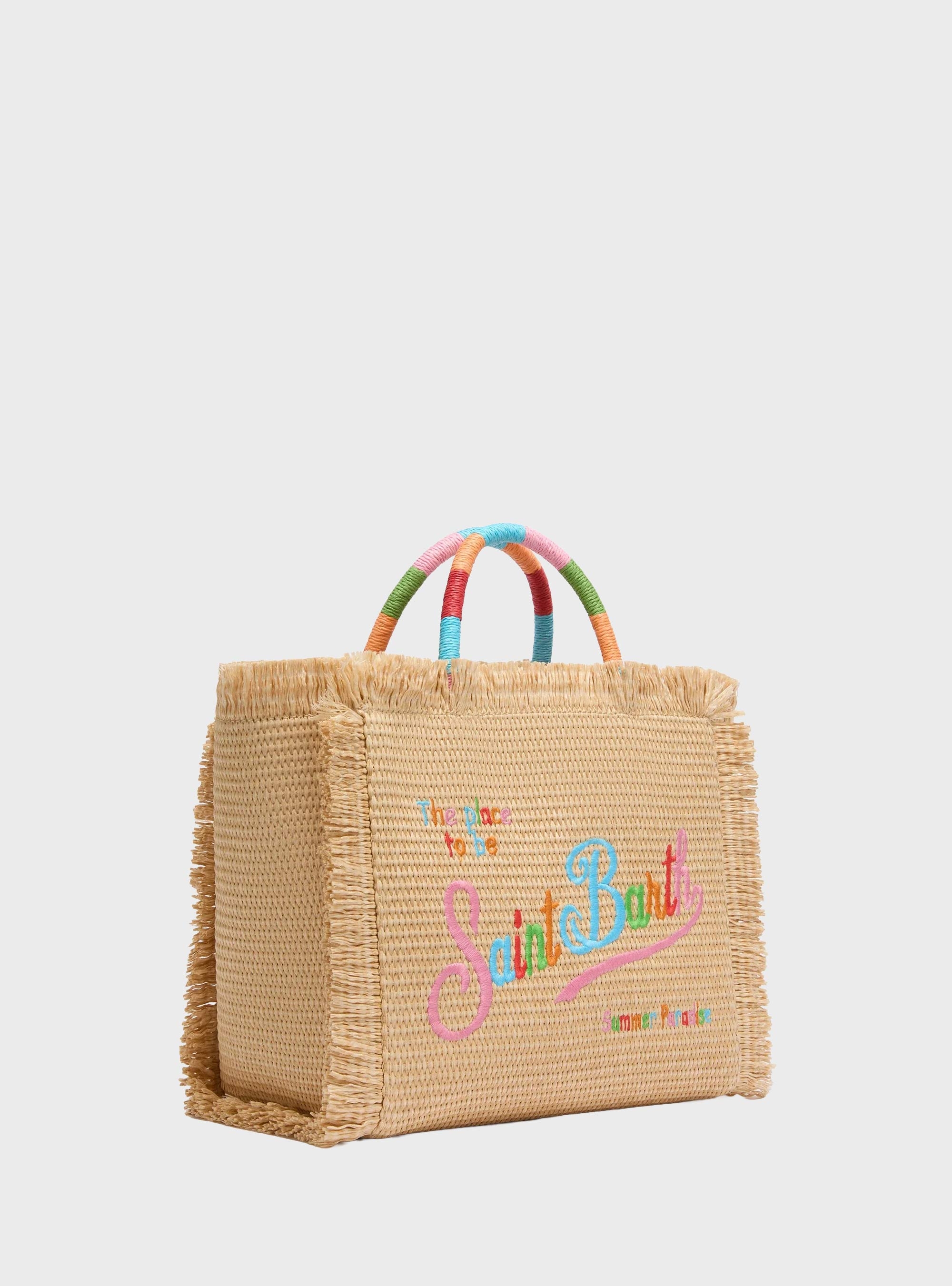 MC2 Saint Barth Colette Straw effect handbag with multicolor logo embroidery - Natural