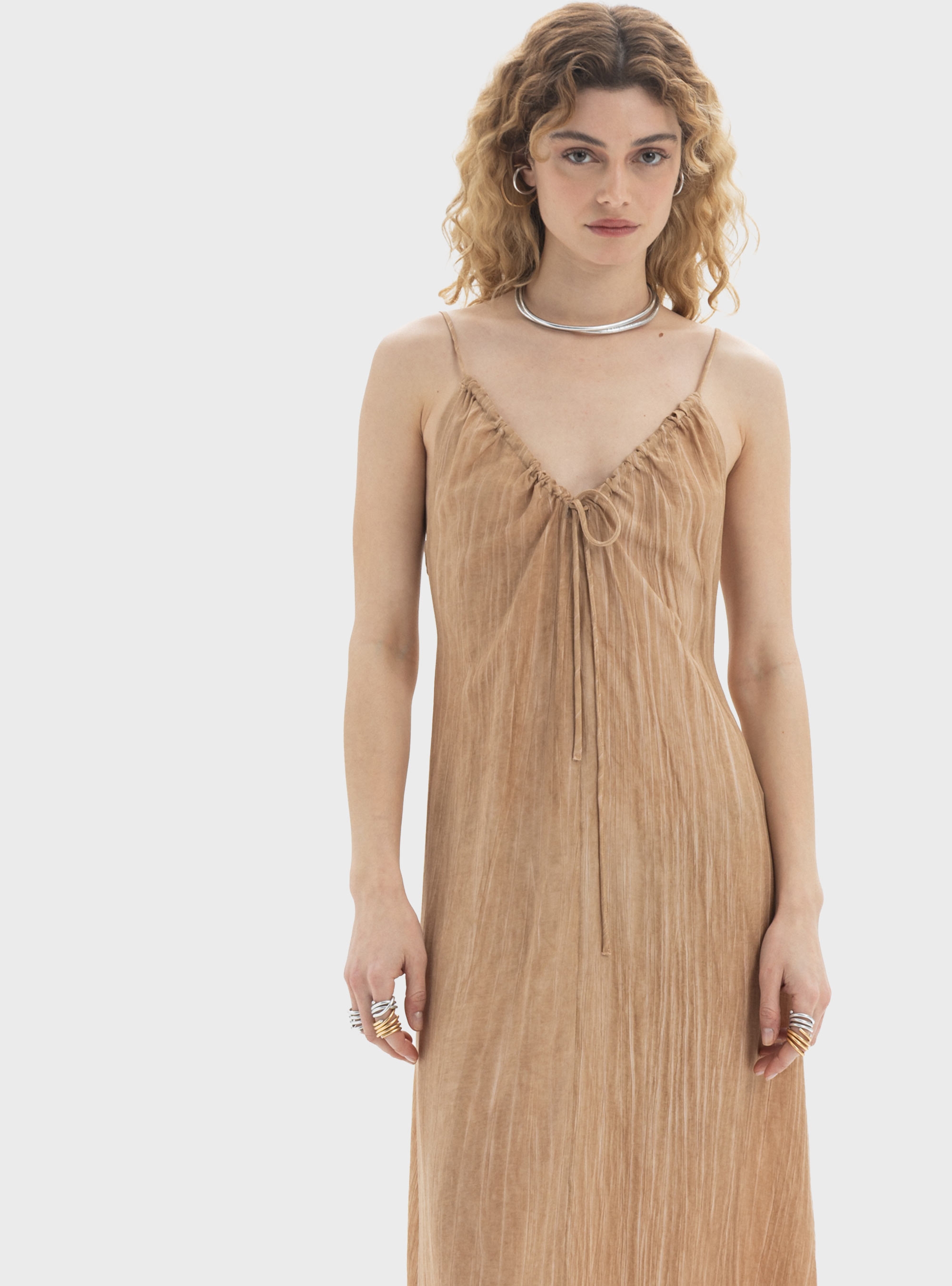 Black & Black  Drawstring Maxi Dress - Dark Beige