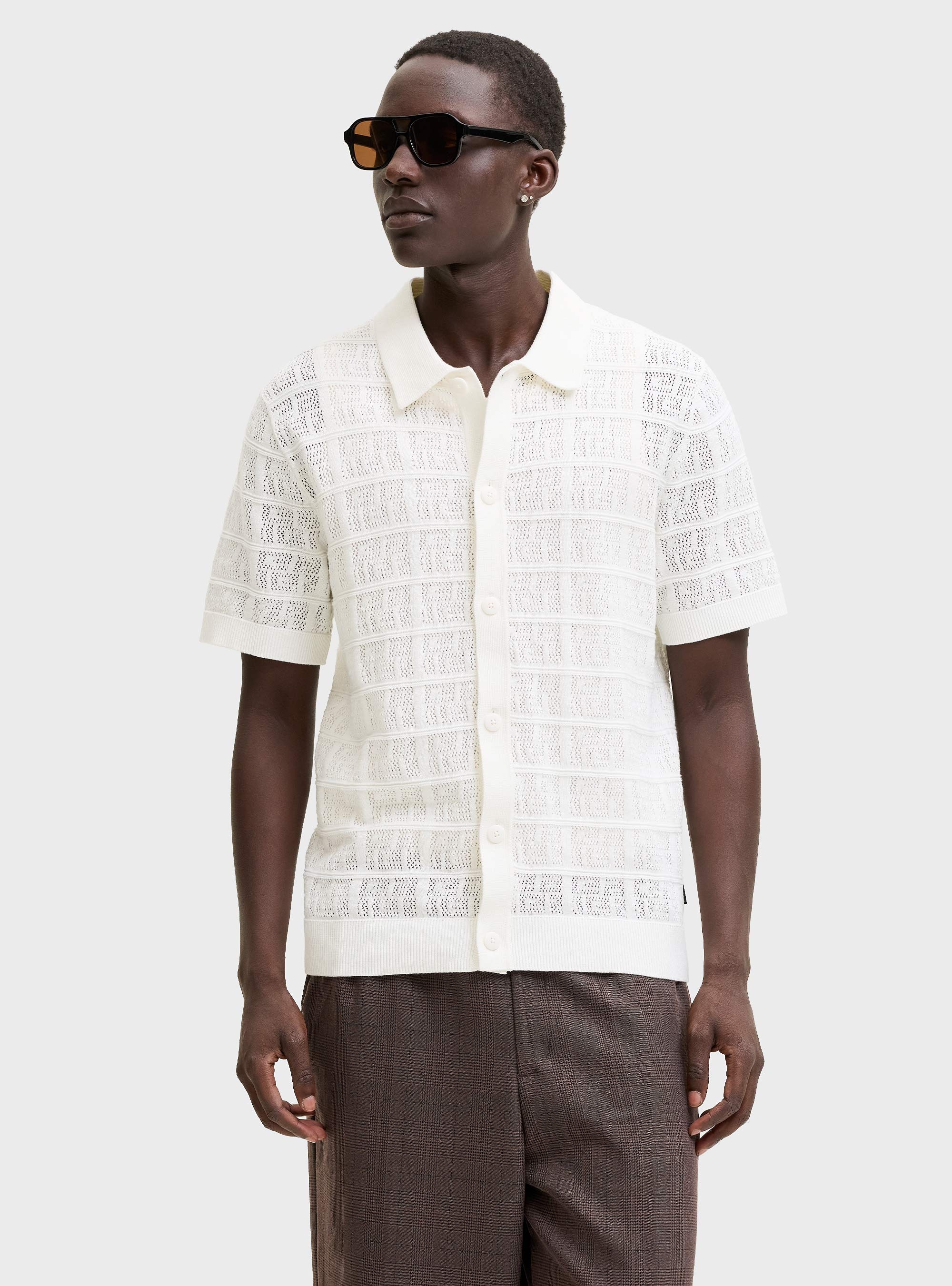 Jack & Jones Premium Palmer Knit Button Through Polo Shirt - White