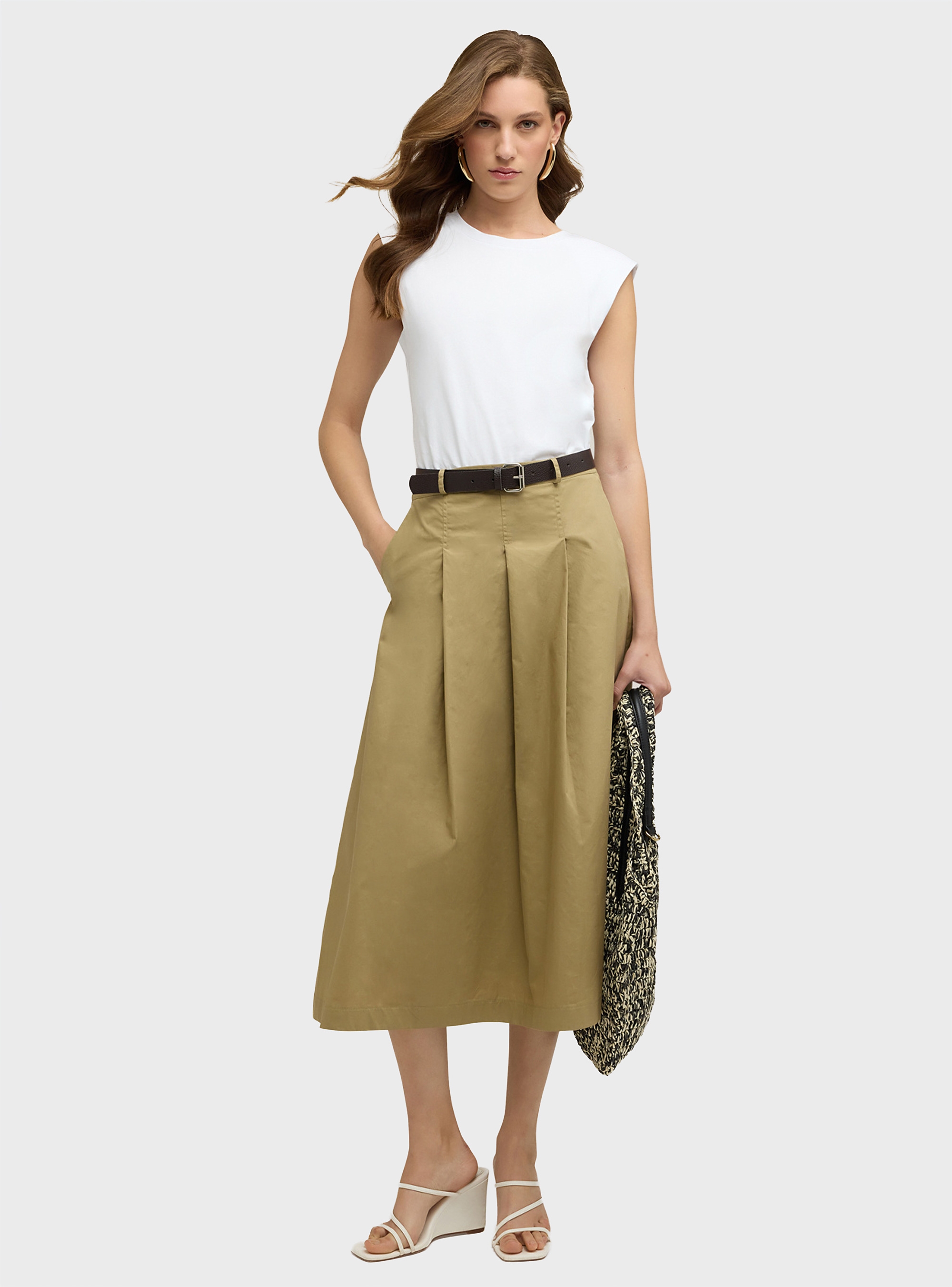 Motivi Midi dress with belt and poplin skirt - Beige