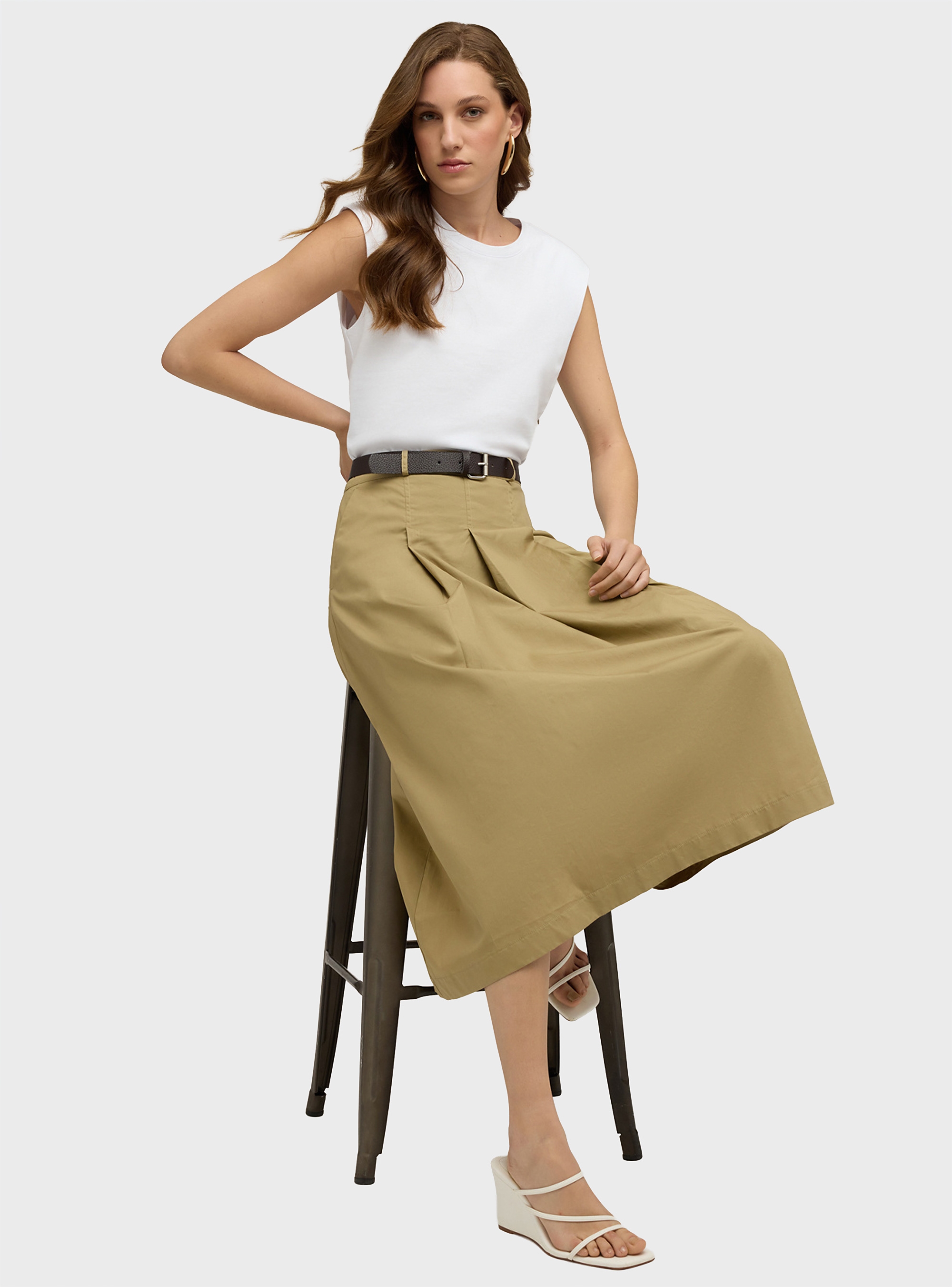 Motivi Midi dress with belt and poplin skirt - Beige