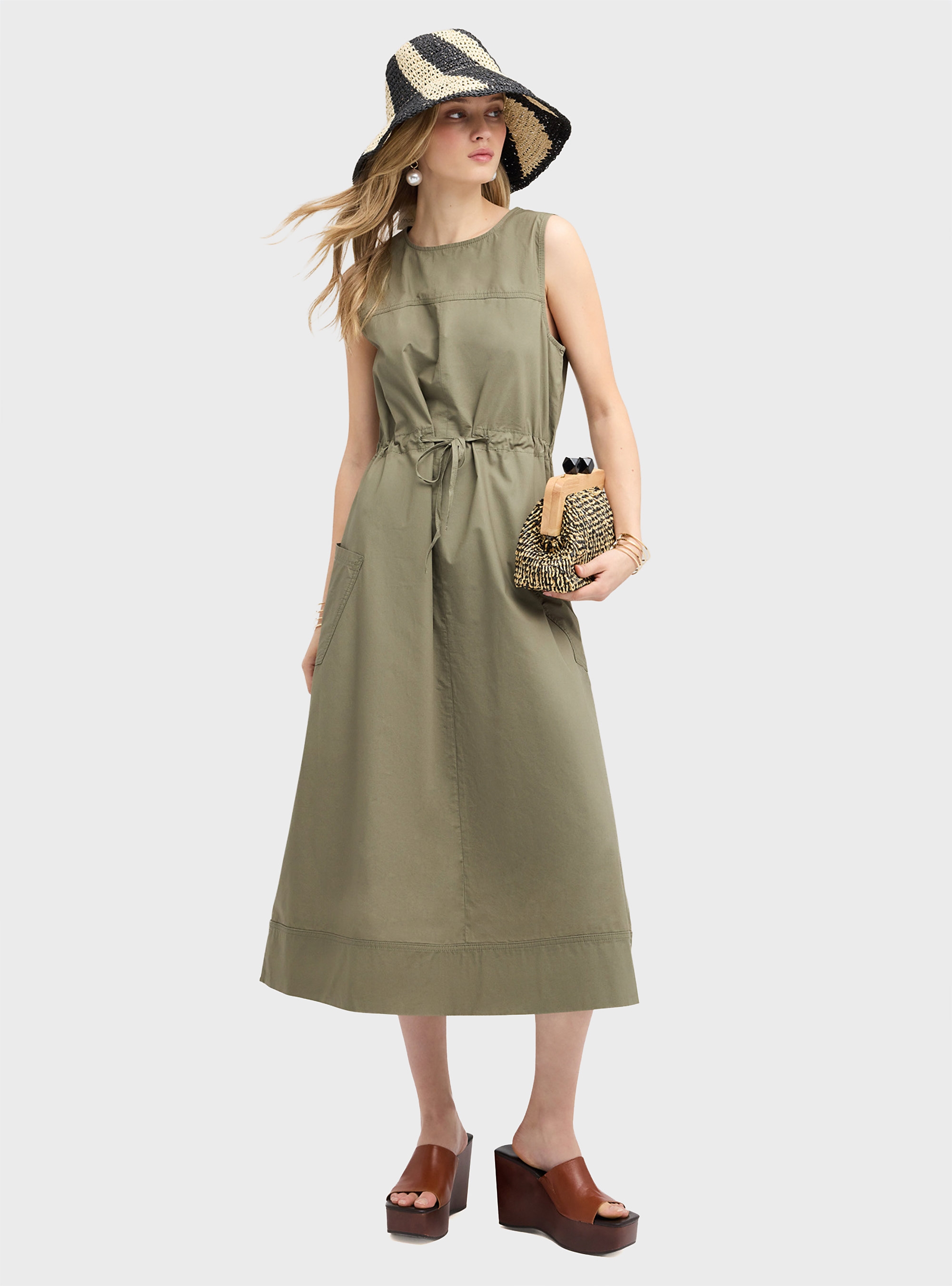 Motivi Drawstring dress in poplin - Olive