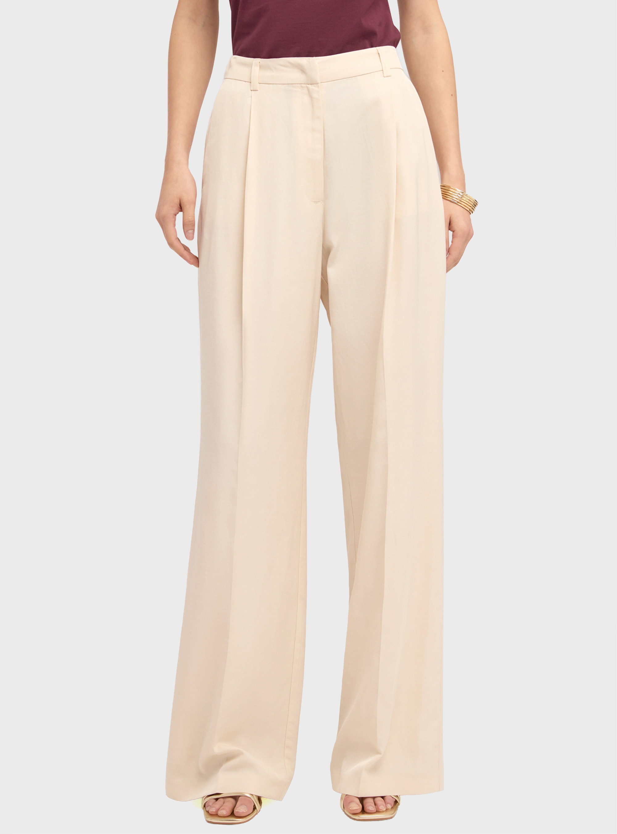 Motivi Wide-leg linen blend trousers with pleats - Ecru