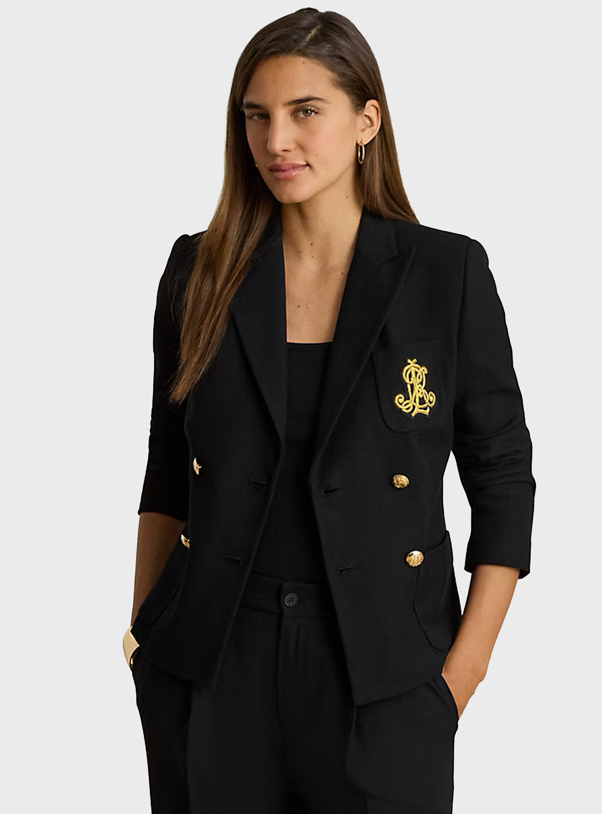 LAUREN Ralph Lauren Double-Breasted Stretch Piqué Blazer - Black