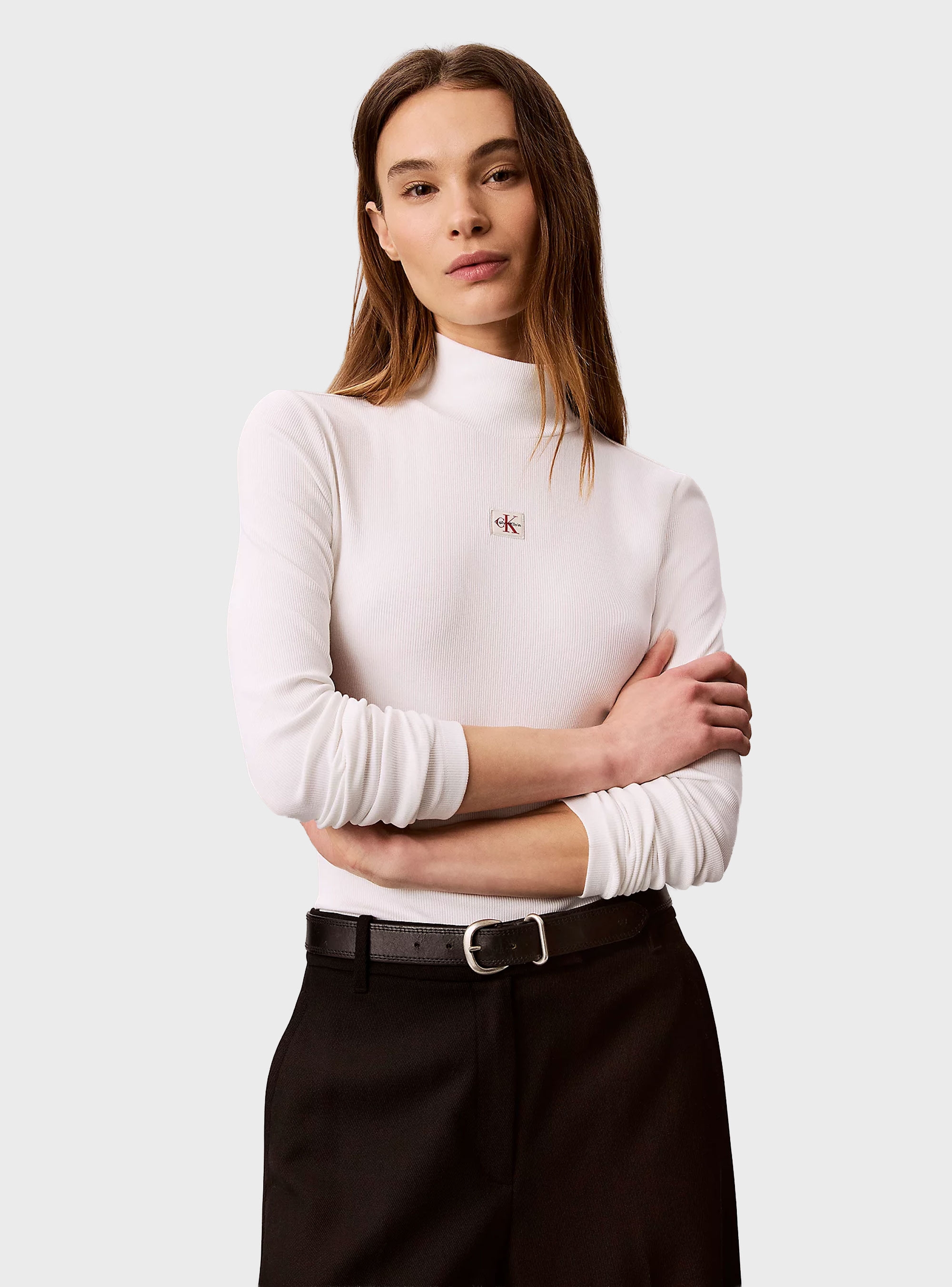 Calvin Klein Ribbed Cotton Turtleneck Top - White