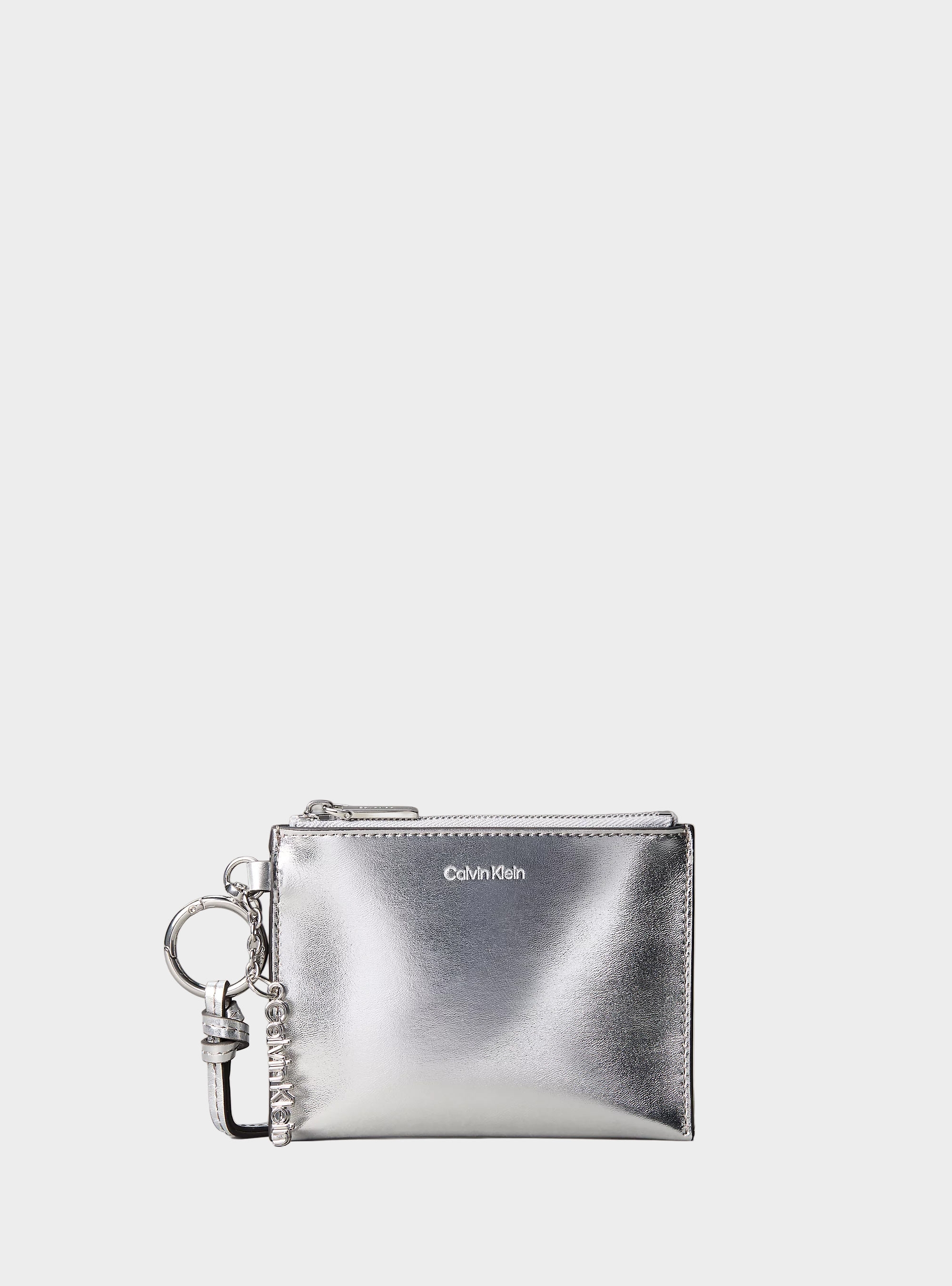 Calvin Klein Metallic Logo Zip Pouch Bag Charm - Silver