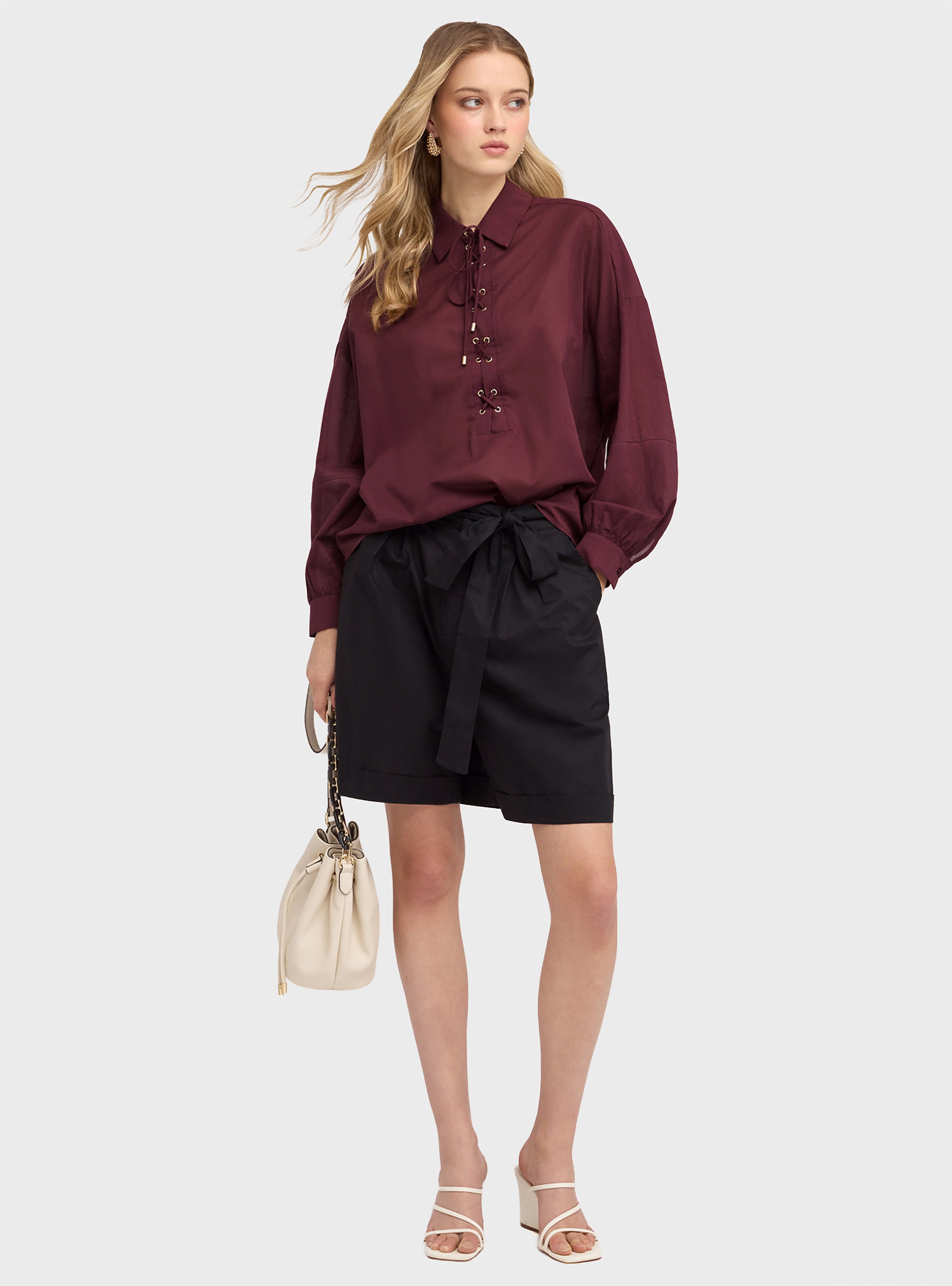 Motivi Oversized muslin shirt with ties - Bordeaux