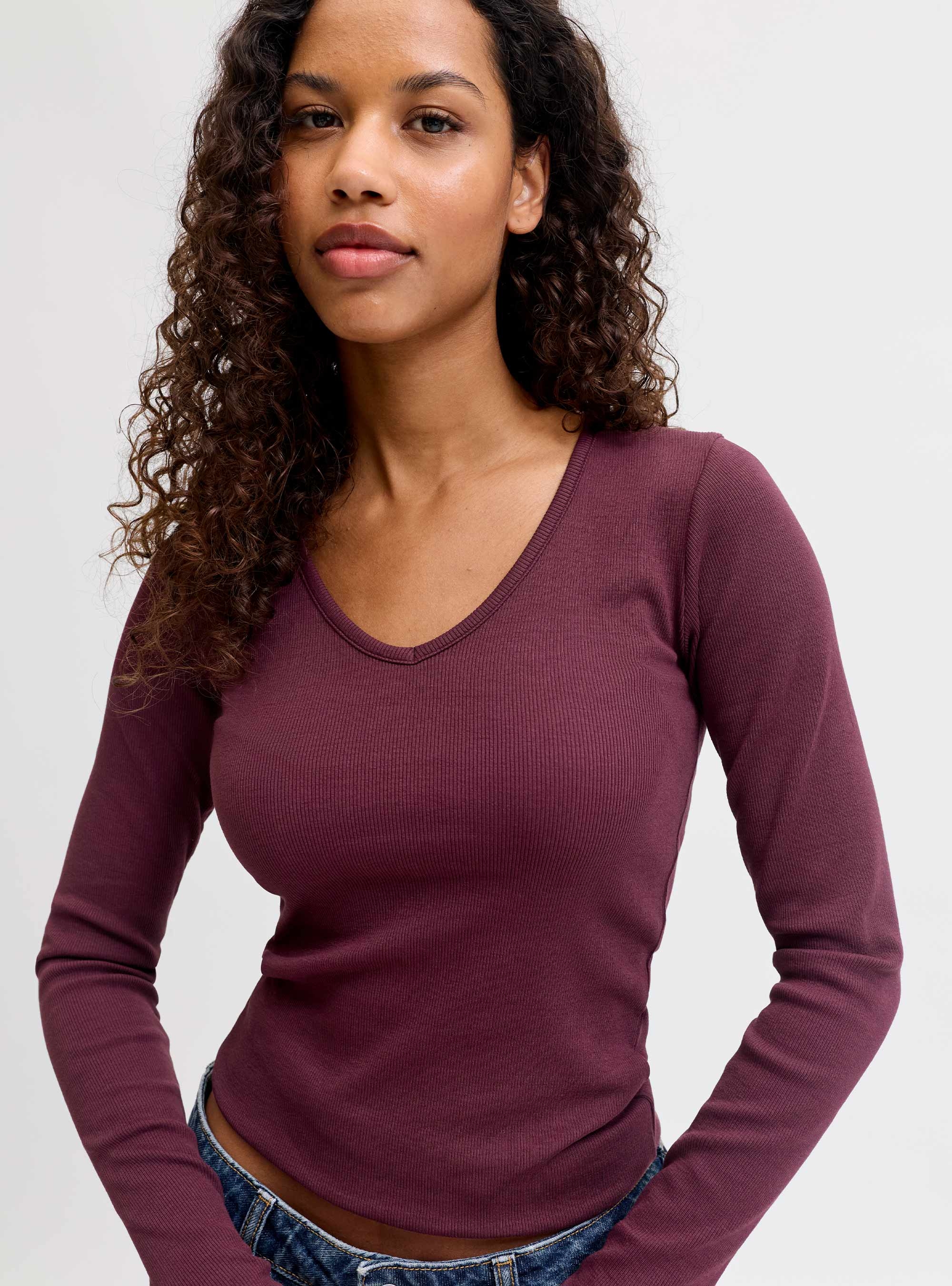 JJXX Freya Long Sleeve V-Neck Top - Bordeaux