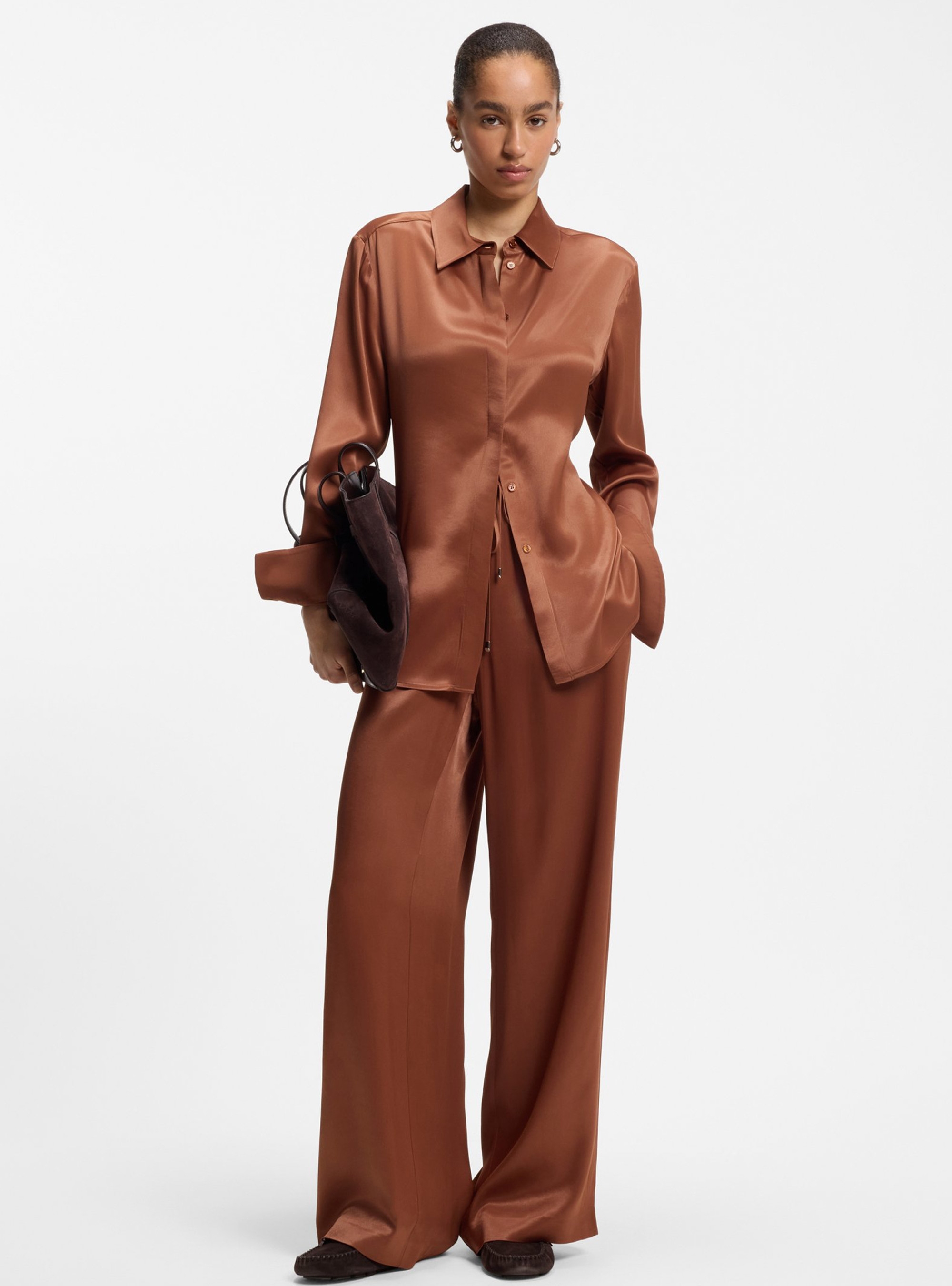 BOSS Regular-Fit Blouse In Soft, Shiny Fabric  Beruta2 - Copper Brown