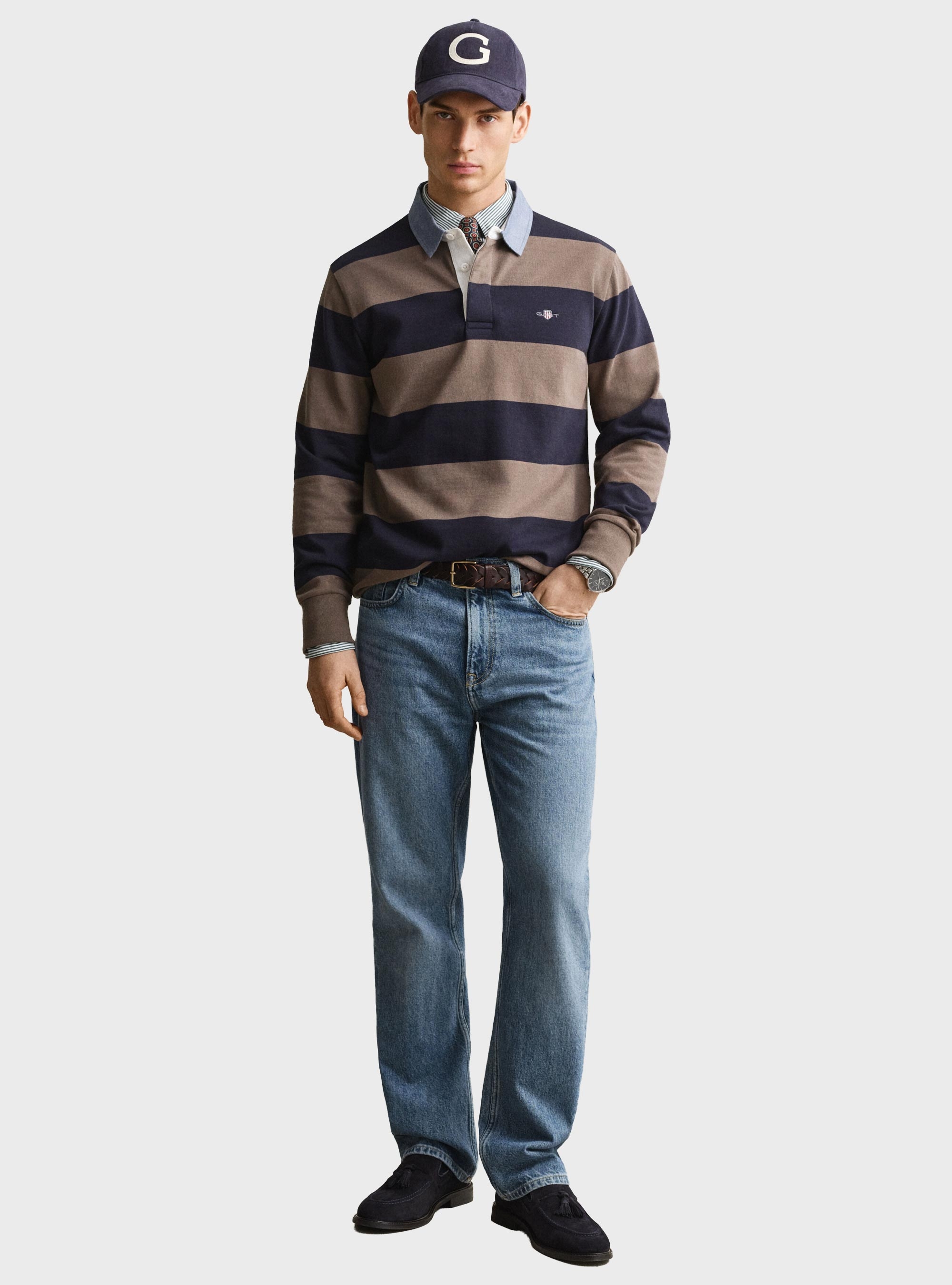 Gant Chambray Collar Striped Heavy Rugger - Dark Beige