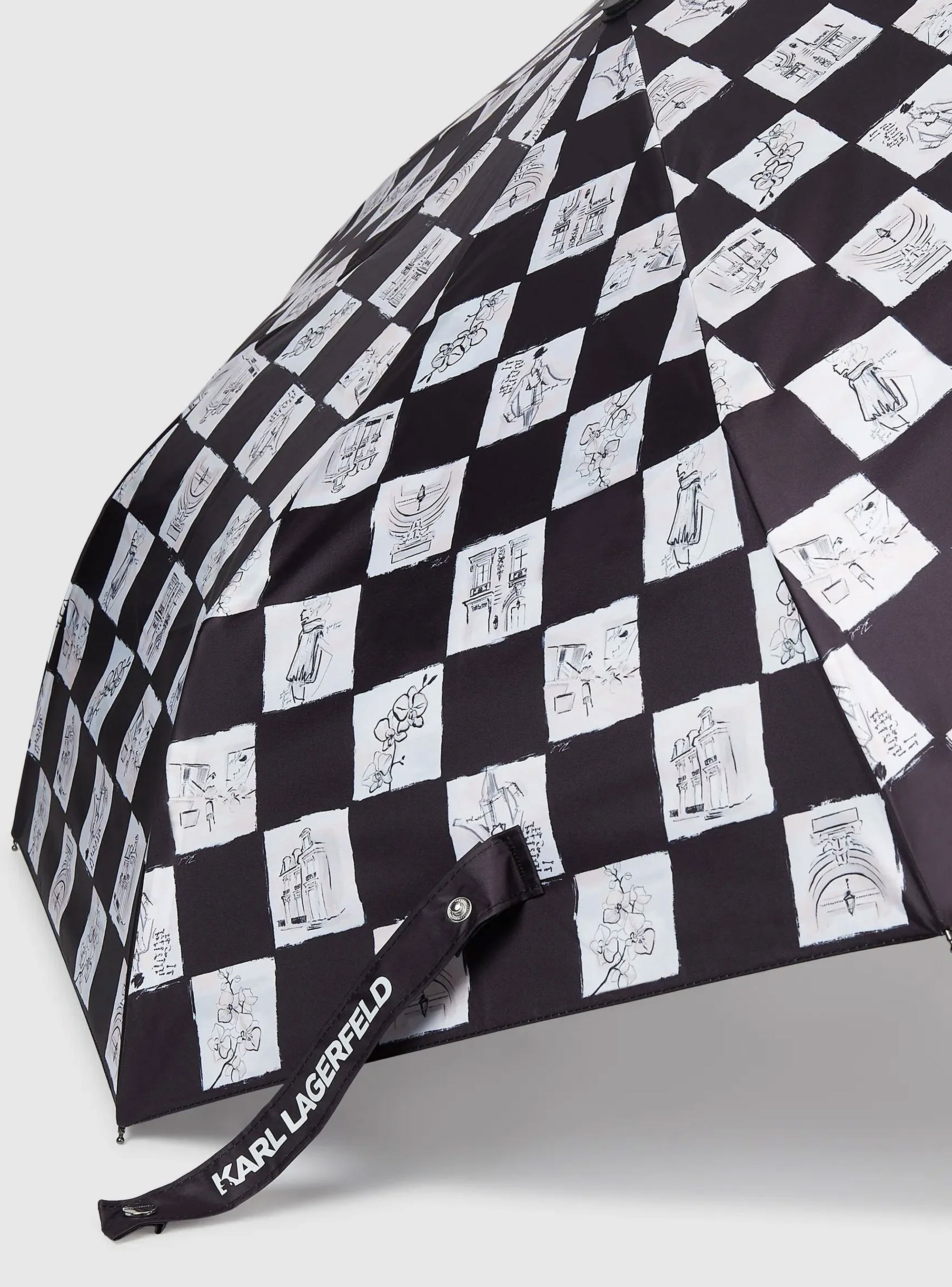 Karl Lagerfeld K/Ballet Checked Small Umbrella - Black & White