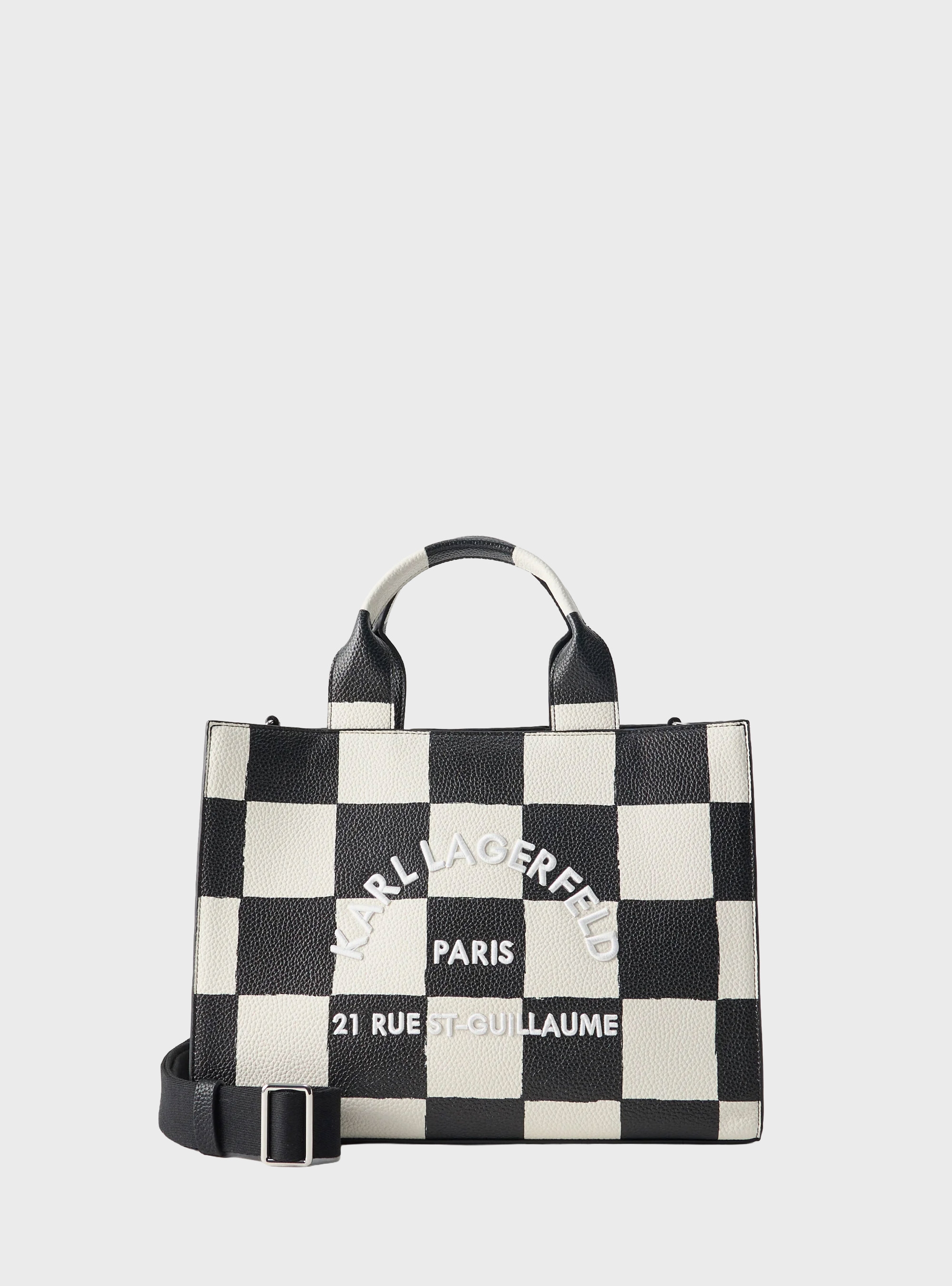 Karl Lagerfeld Rue St-Guillaume Square Medium Checked Tote Bag - Black & White