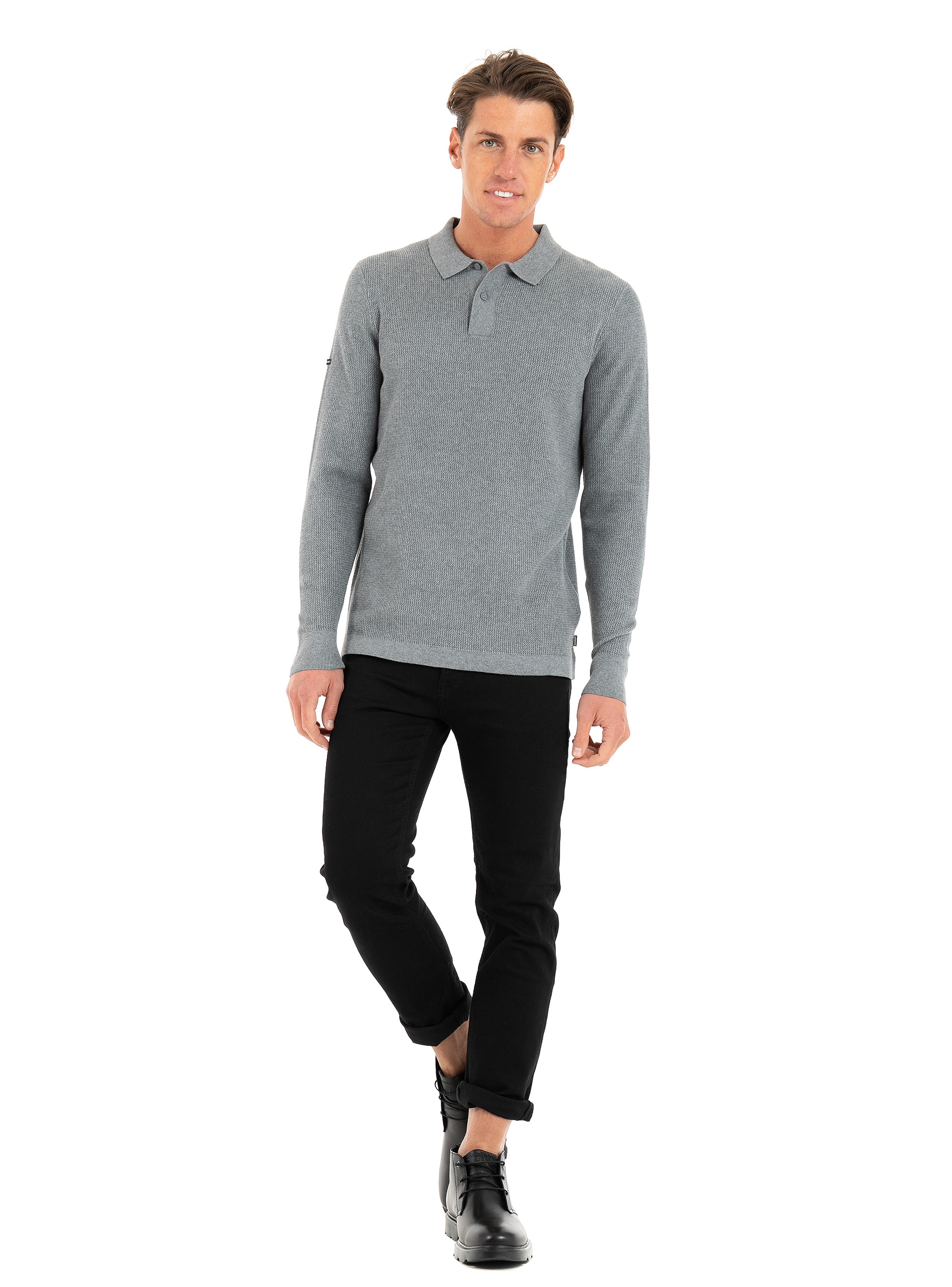 Superdry Studios Long Sleeve Knitted Polo Shirt-Grey