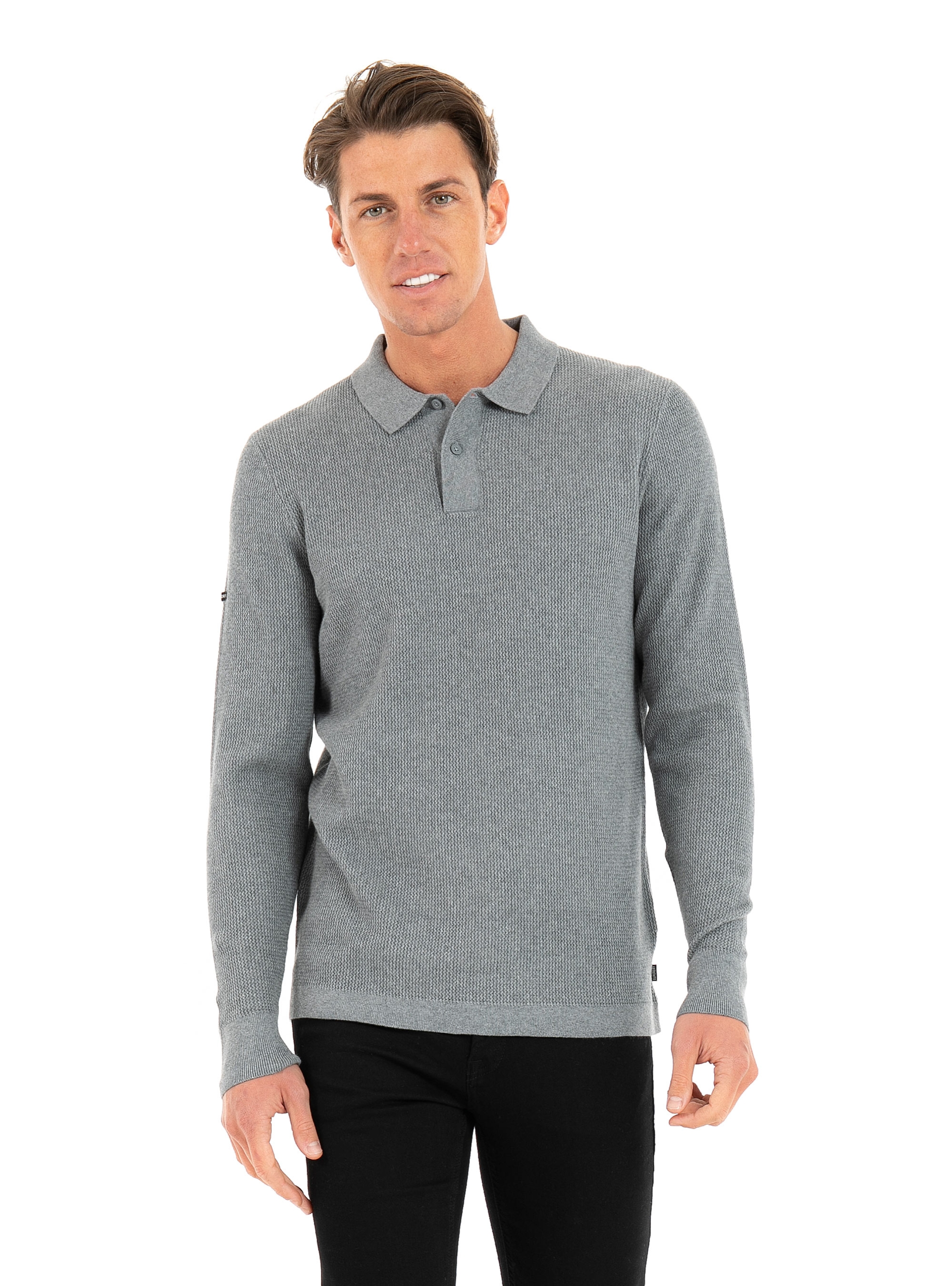 Superdry Studios Long Sleeve Knitted Polo Shirt-Grey