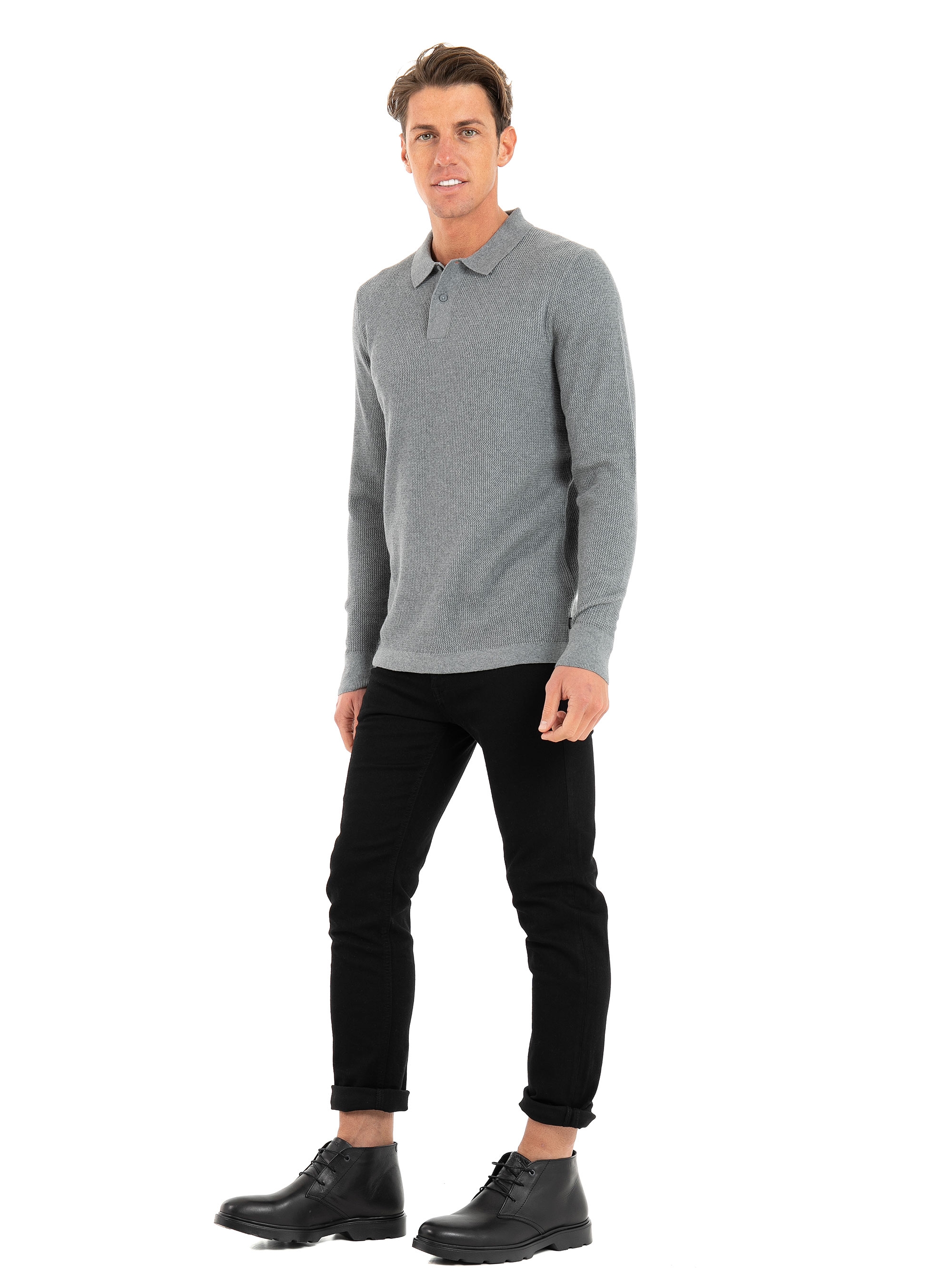 Superdry Studios Long Sleeve Knitted Polo Shirt-Grey