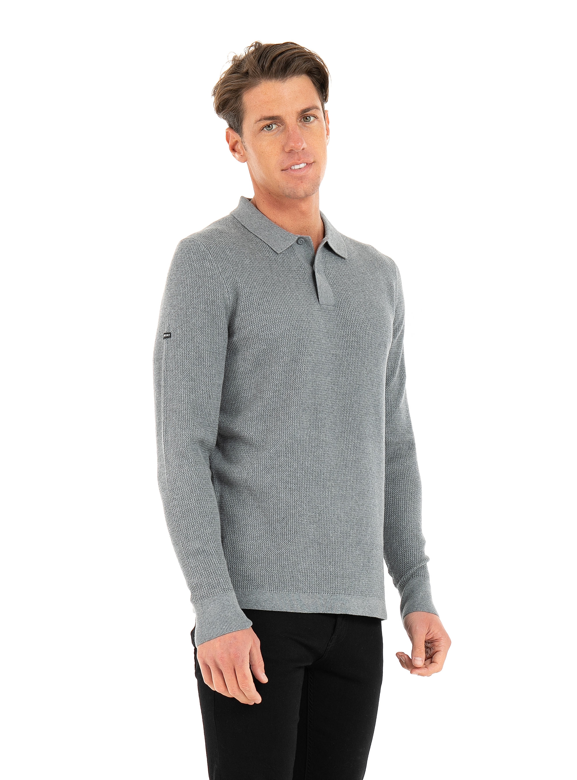 Superdry Studios Long Sleeve Knitted Polo Shirt-Grey