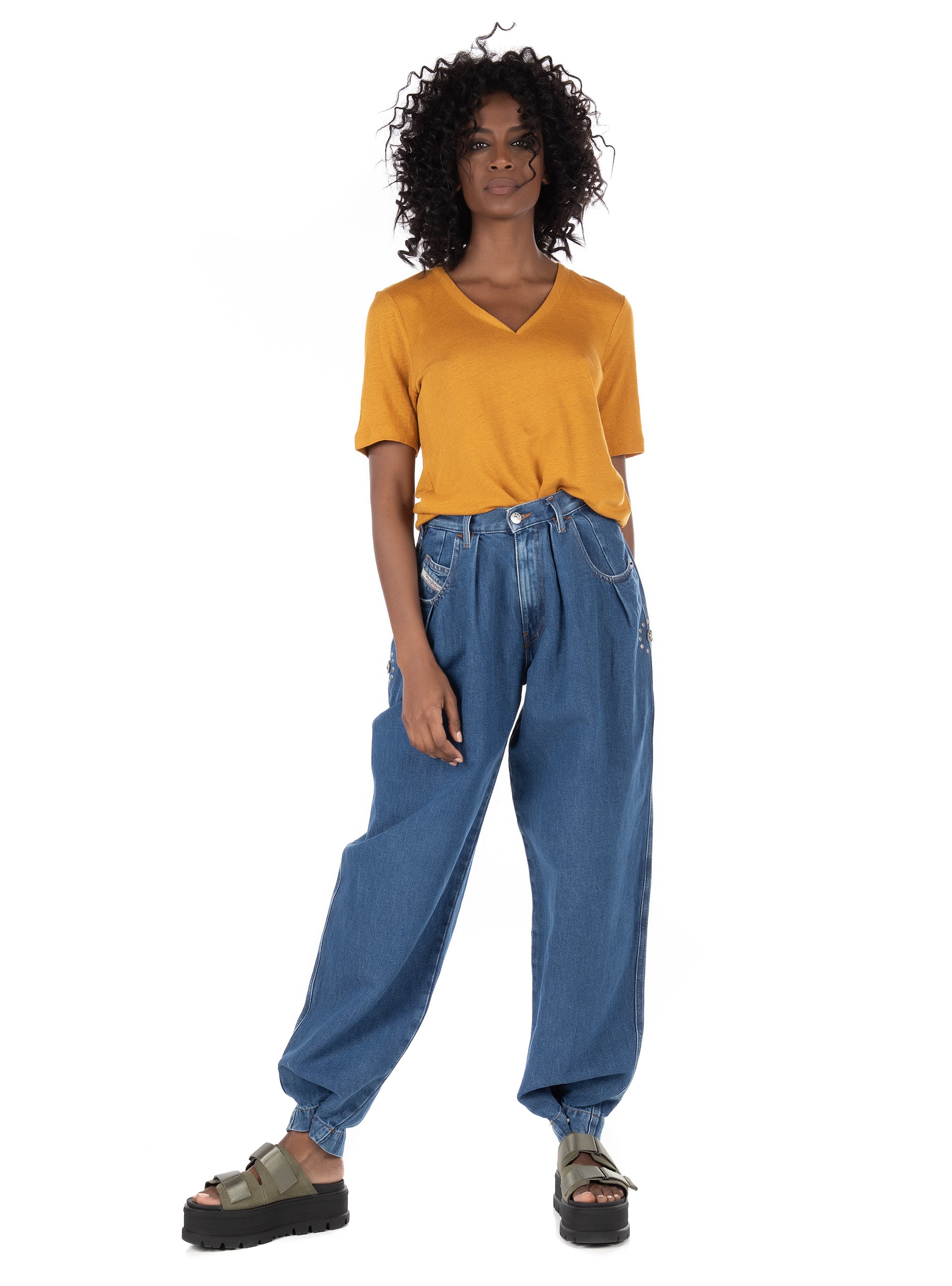Maison Scotch Linen V-Neck T-Shirt-Mustard