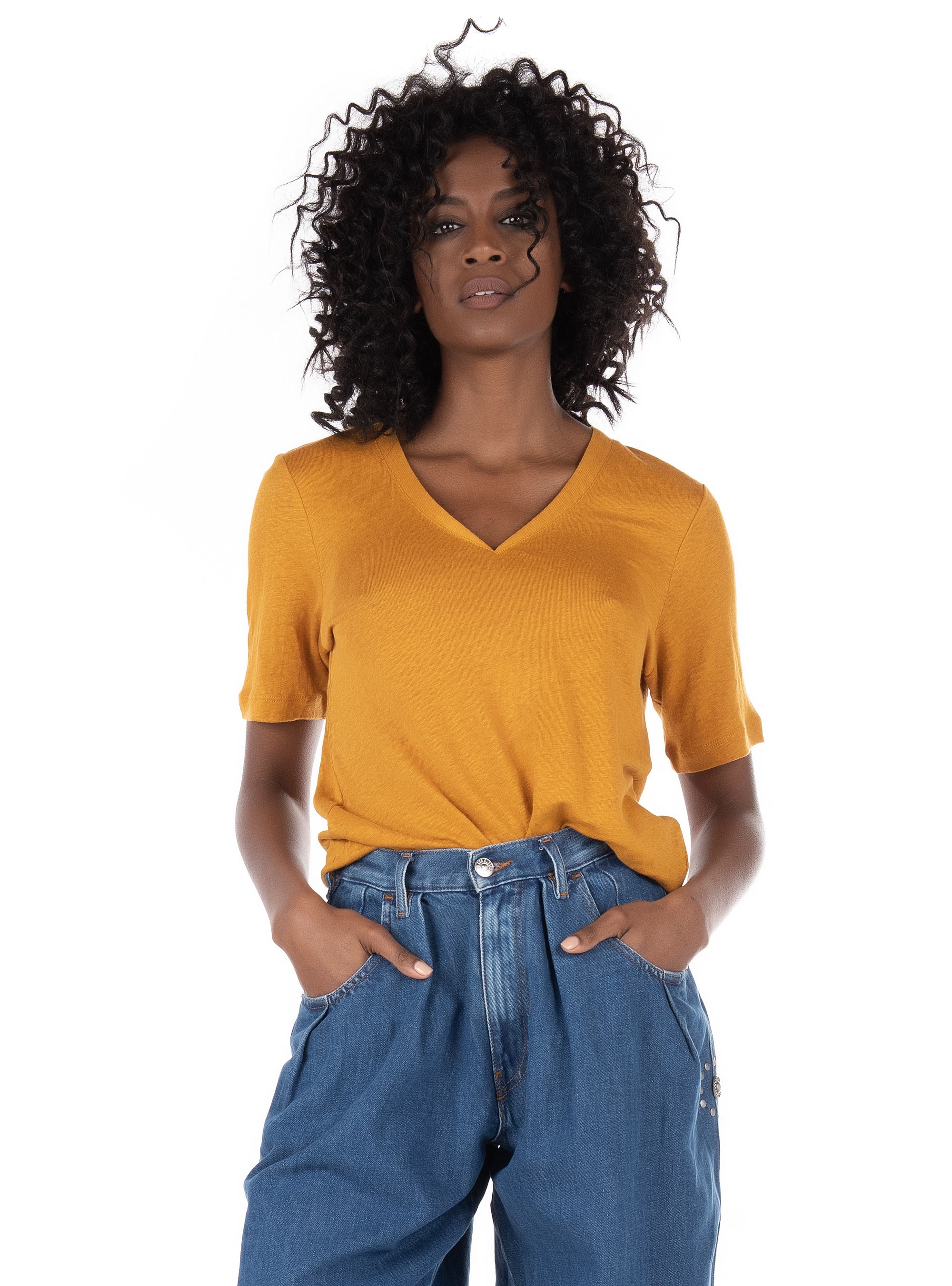 Maison Scotch Linen V-Neck T-Shirt-Mustard