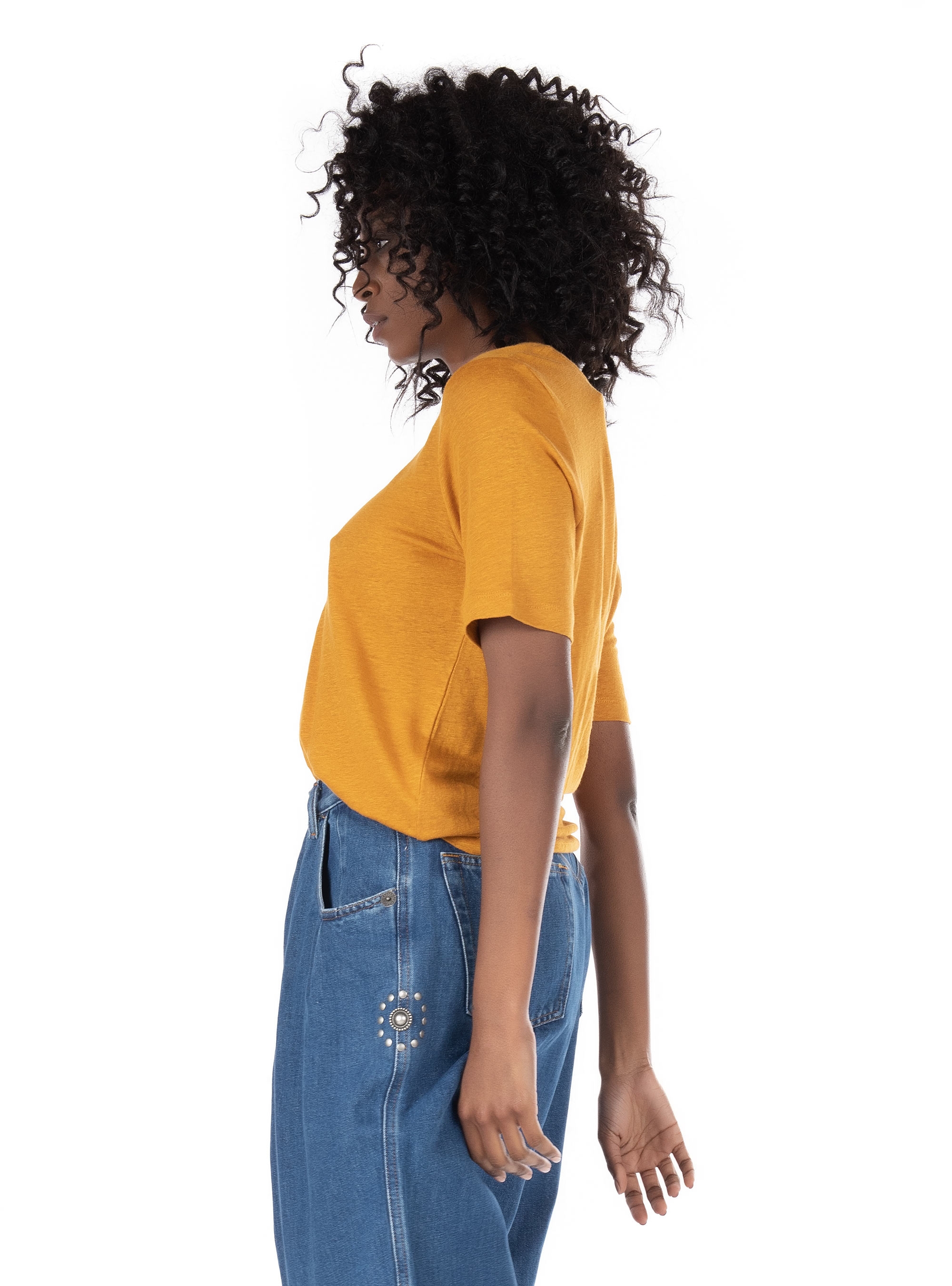 Maison Scotch Linen V-Neck T-Shirt-Mustard