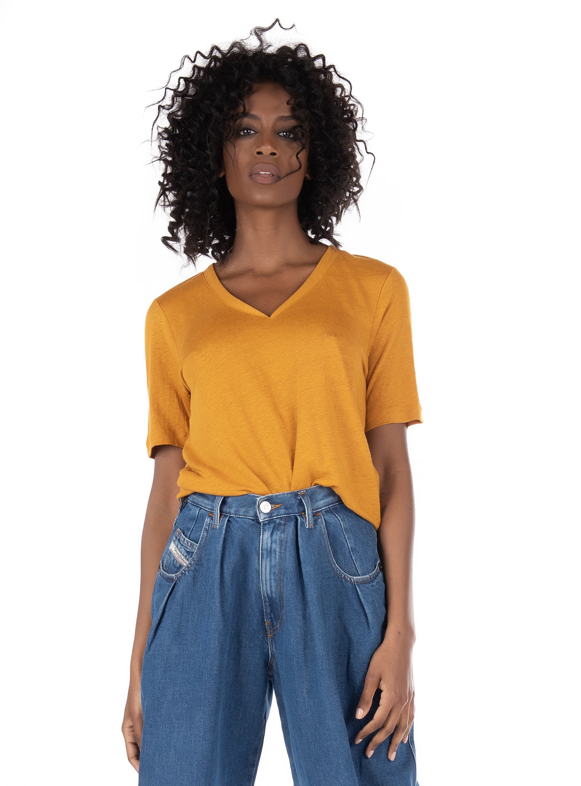 Maison Scotch Linen V-Neck T-Shirt-Mustard