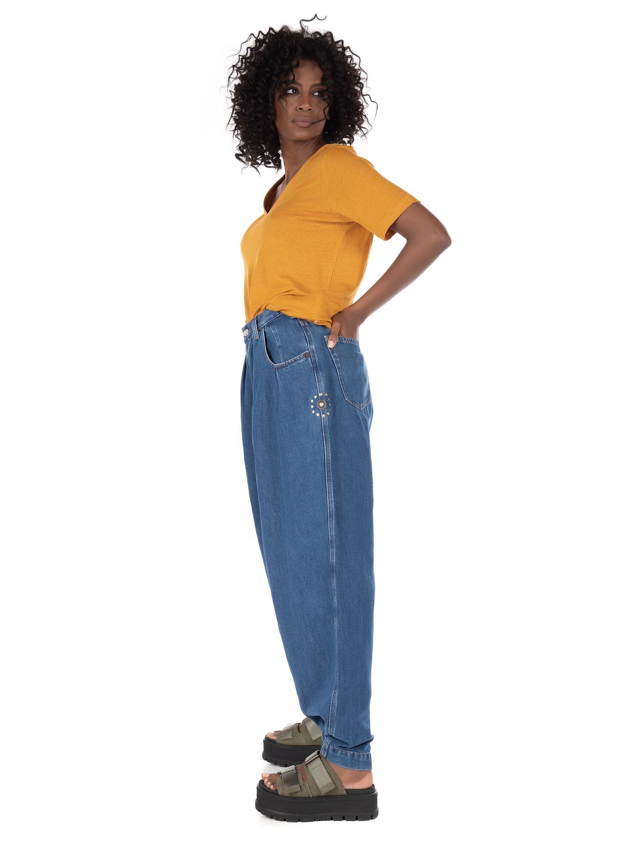 Maison Scotch Linen V-Neck T-Shirt-Mustard