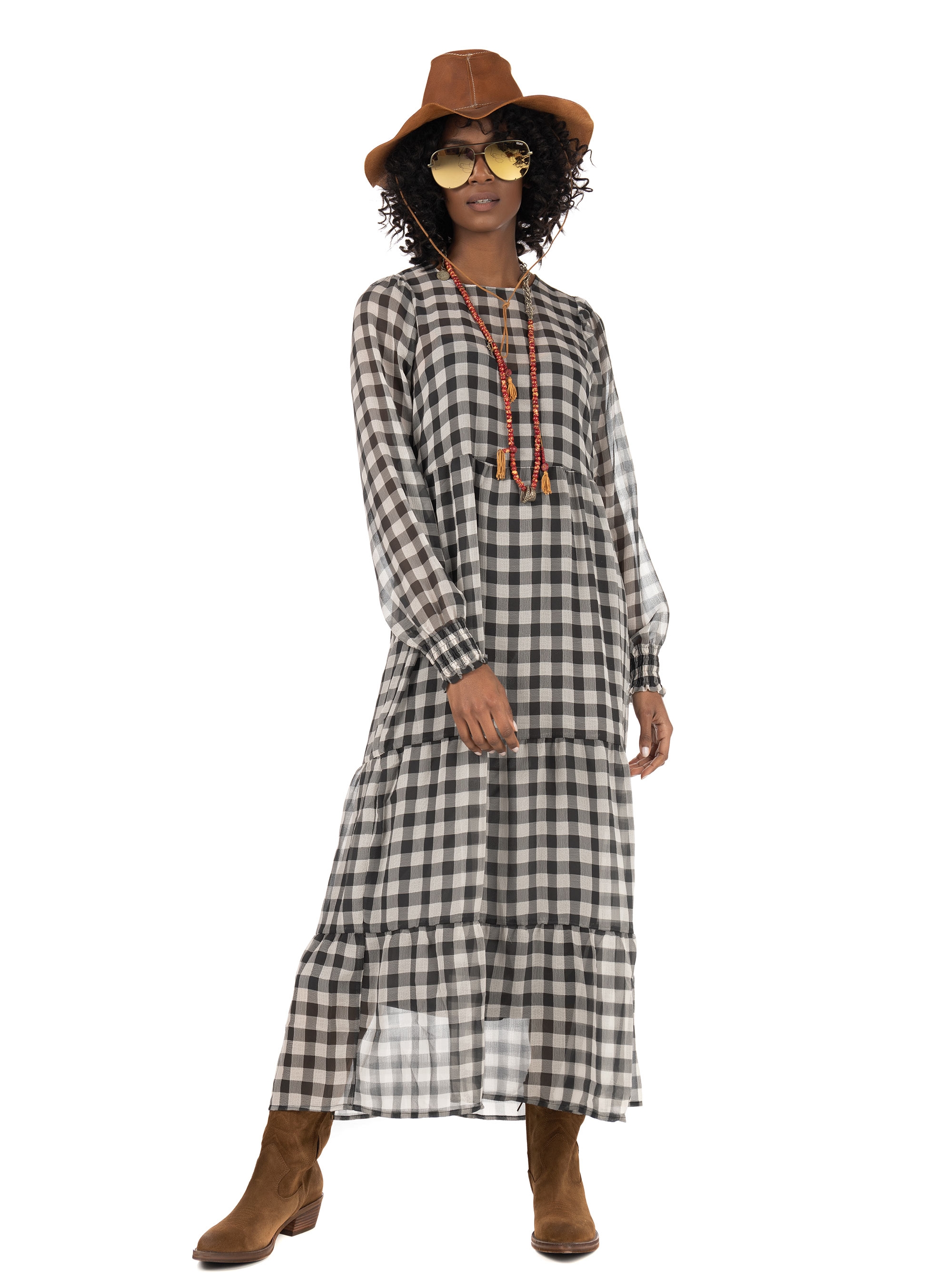 Only Checked Midi Dress-Black & White