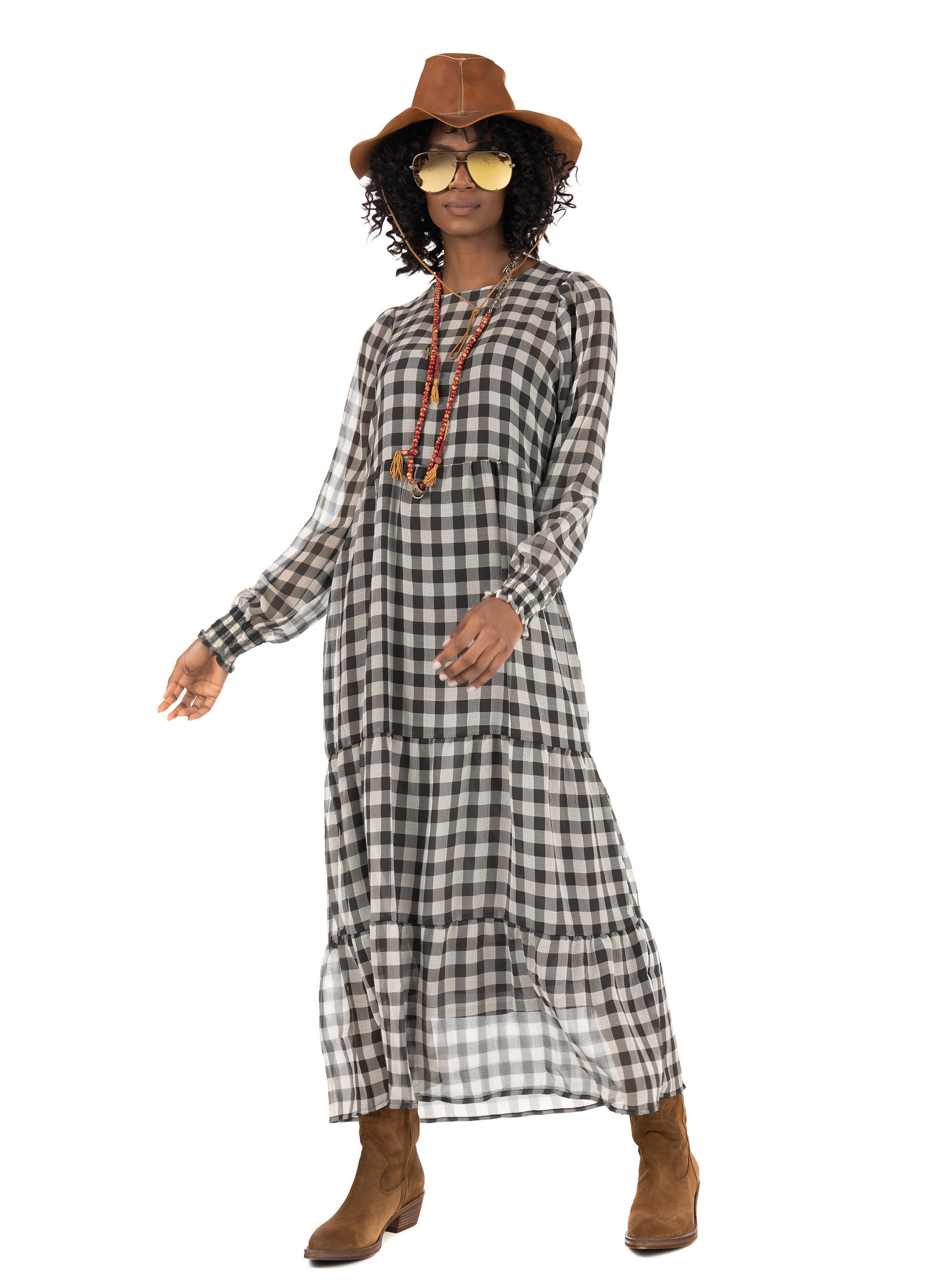 Only Checked Midi Dress-Black & White