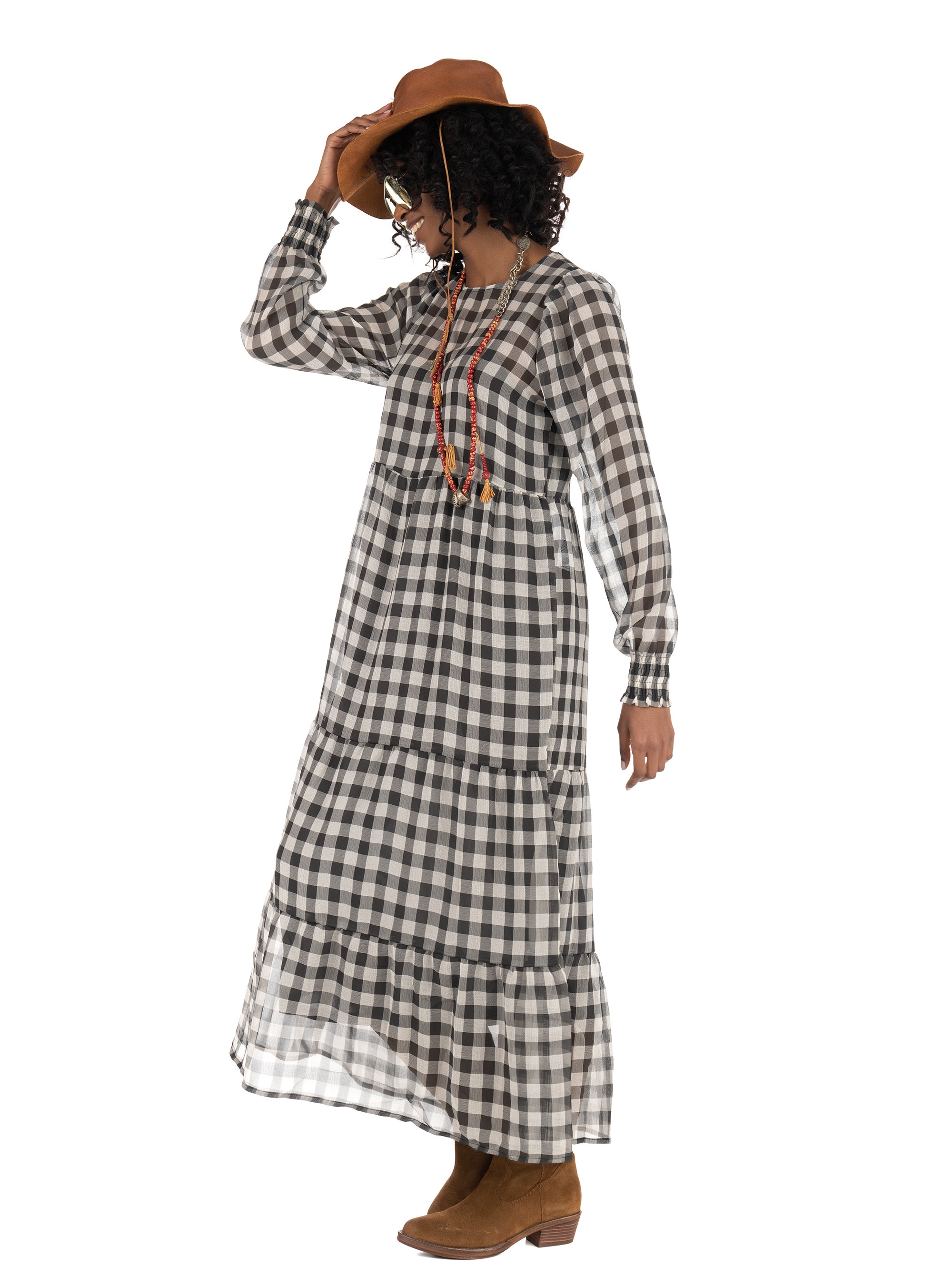 Only Checked Midi Dress-Black & White