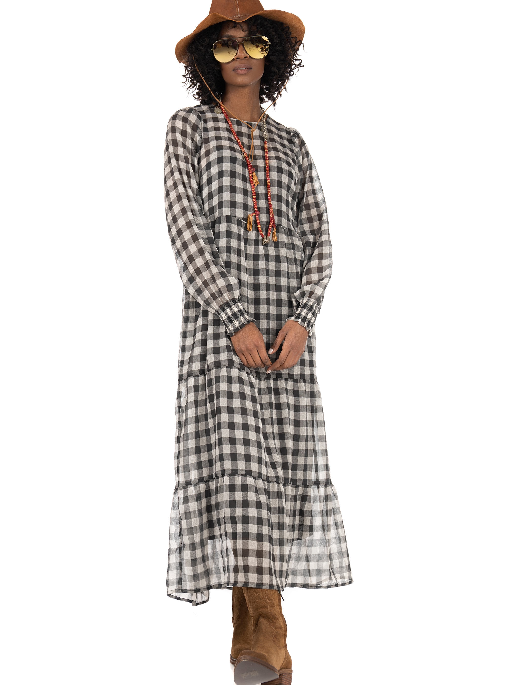 Only Checked Midi Dress-Black & White