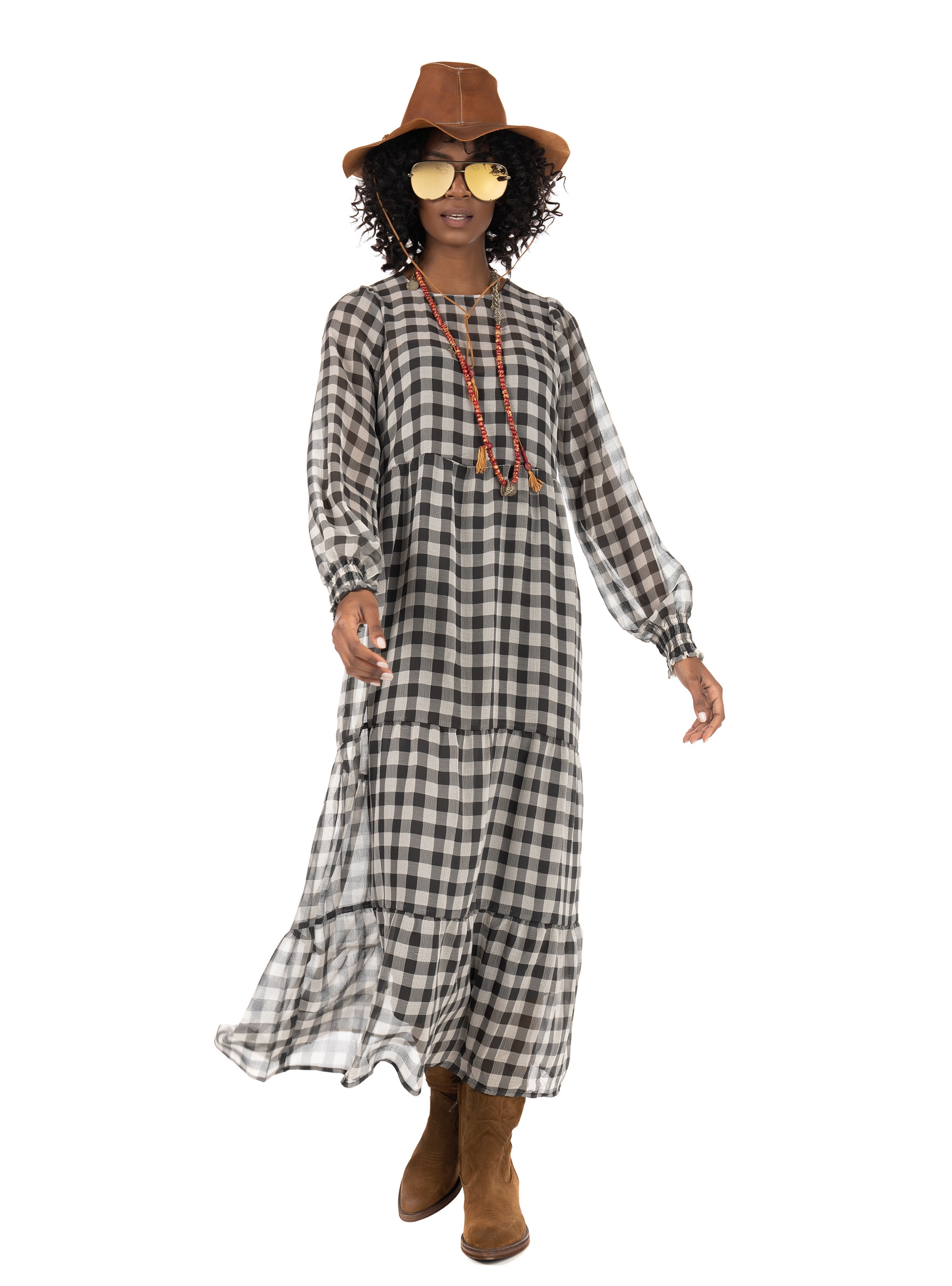 Only Checked Midi Dress-Black & White