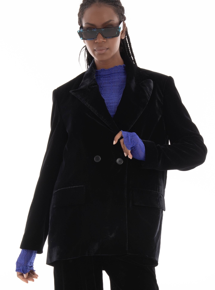 Black & Black Velvet Blazer - Black