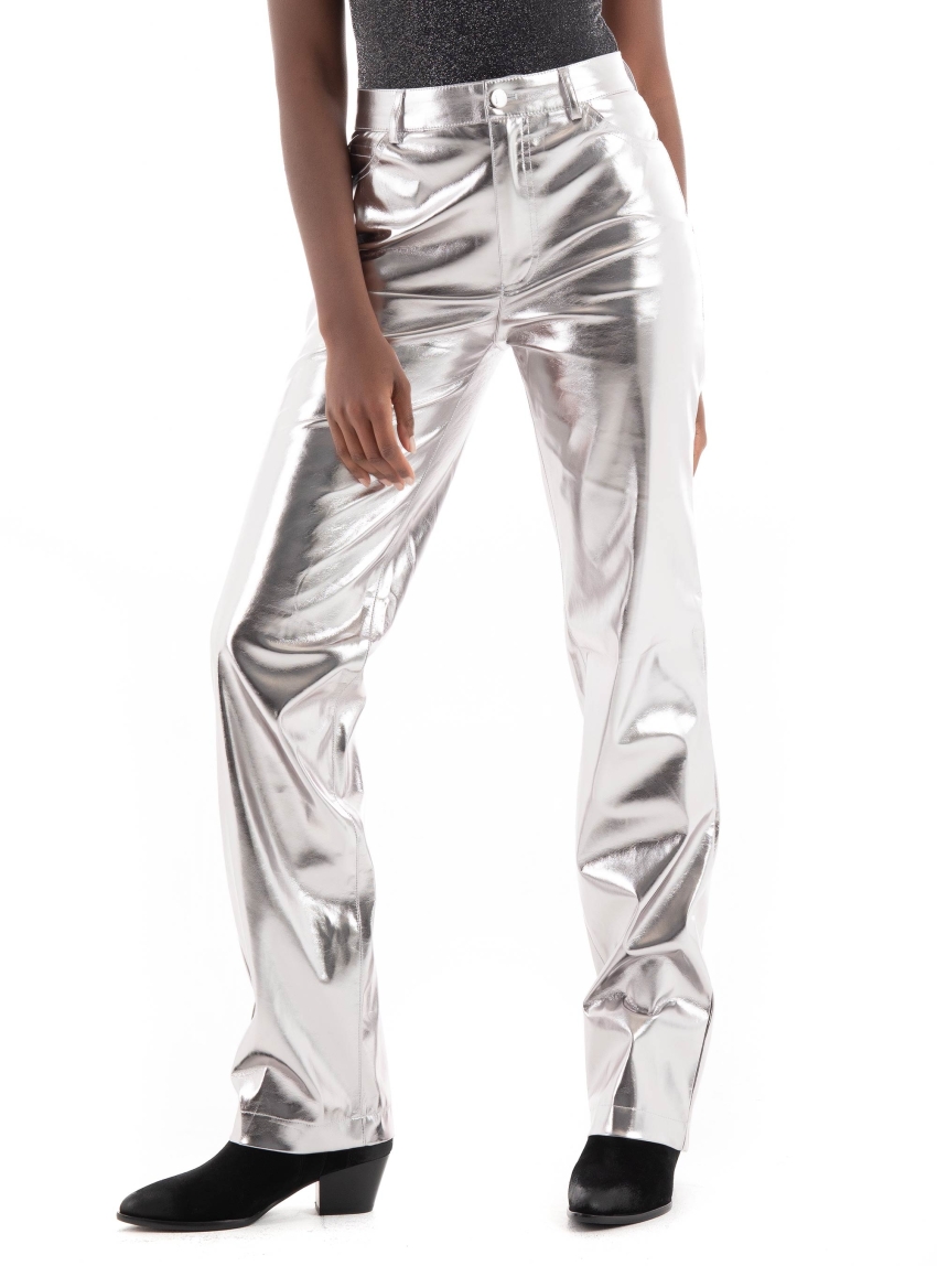 Guess Metallic Faux Leather Straight Pants - Silver