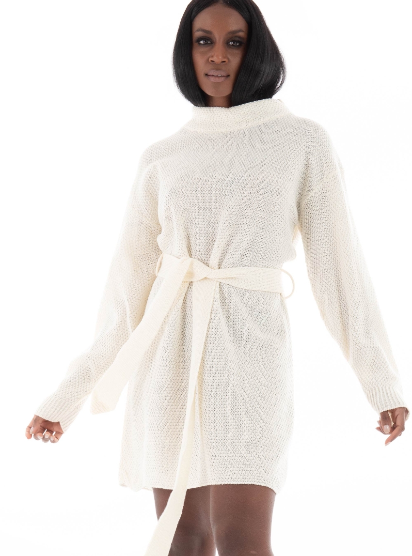 Glamorous Belted Knit Dress - Ecru