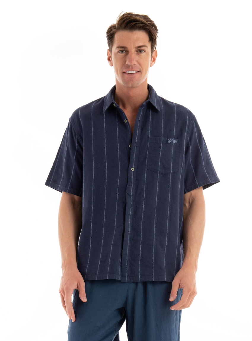 Guess Boxy Striped Textured Shirt - Blue