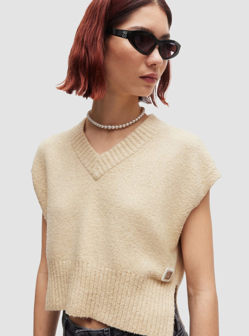 HUGO Knitted V-Neck Top Selleny - Beige