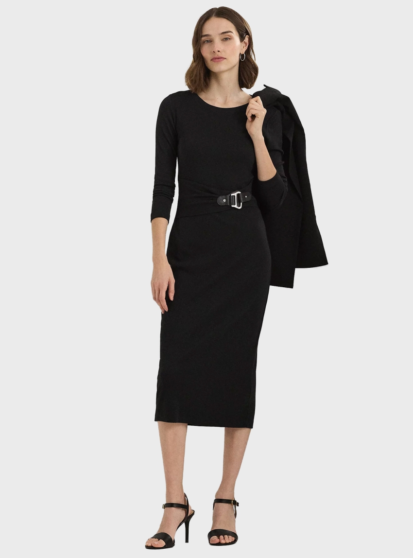 LAUREN Ralph Lauren Buckle-Trim Cotton-Blend Knit Midi Dress - Black