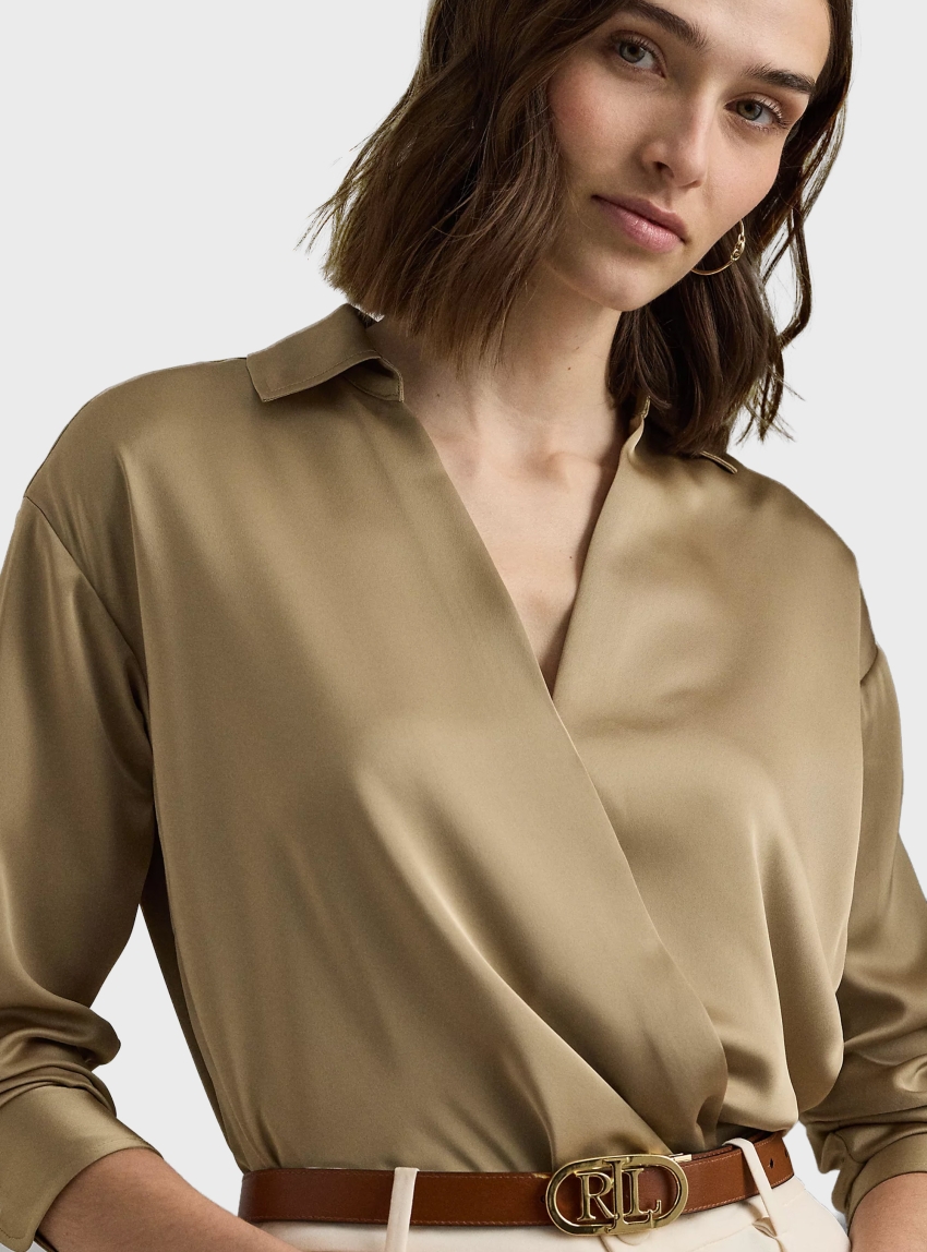 LAUREN Ralph Lauren Satin Charmeuse Surplice Blouse - Beige