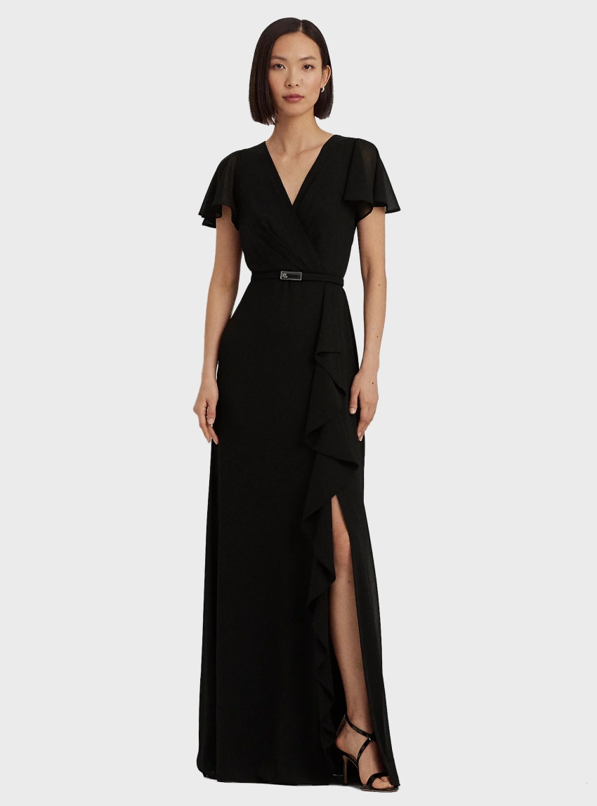 LAUREN Ralph Lauren Belted Georgette Flutter-Sleeve Gown - Black