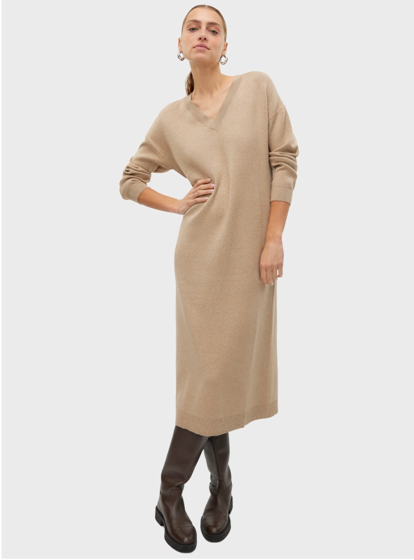 Vero Moda Gold V-Neck 7/8 Dress - Beige