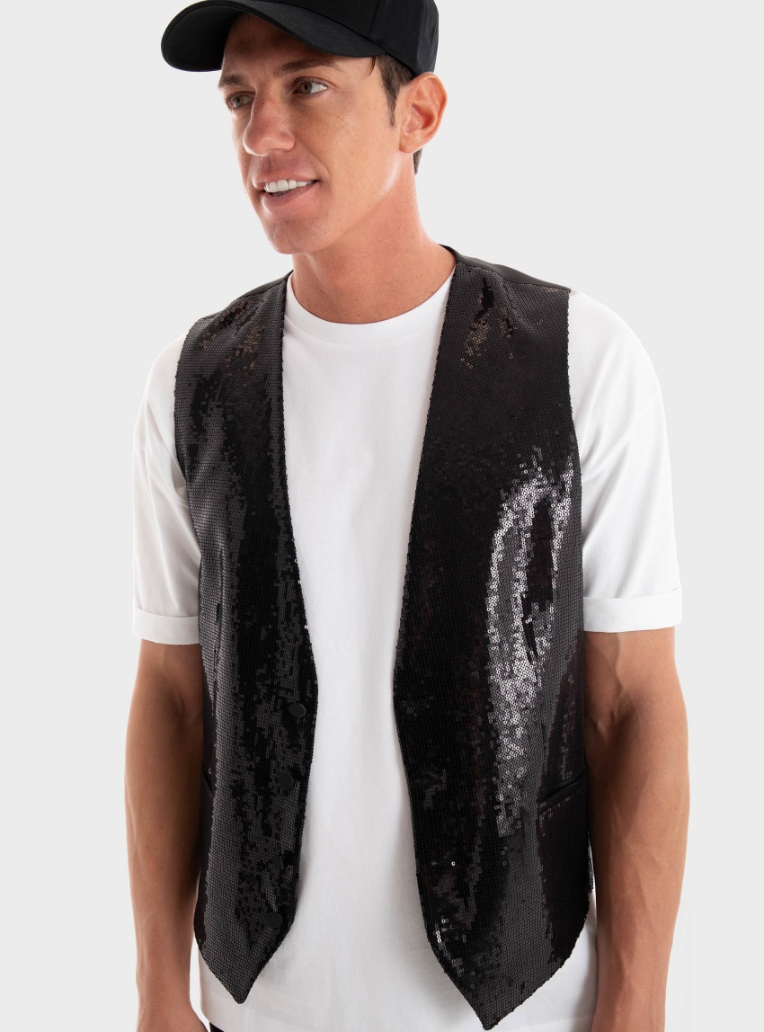 HUGO Slim Fit Sequin Vest Vin244E1J - Black