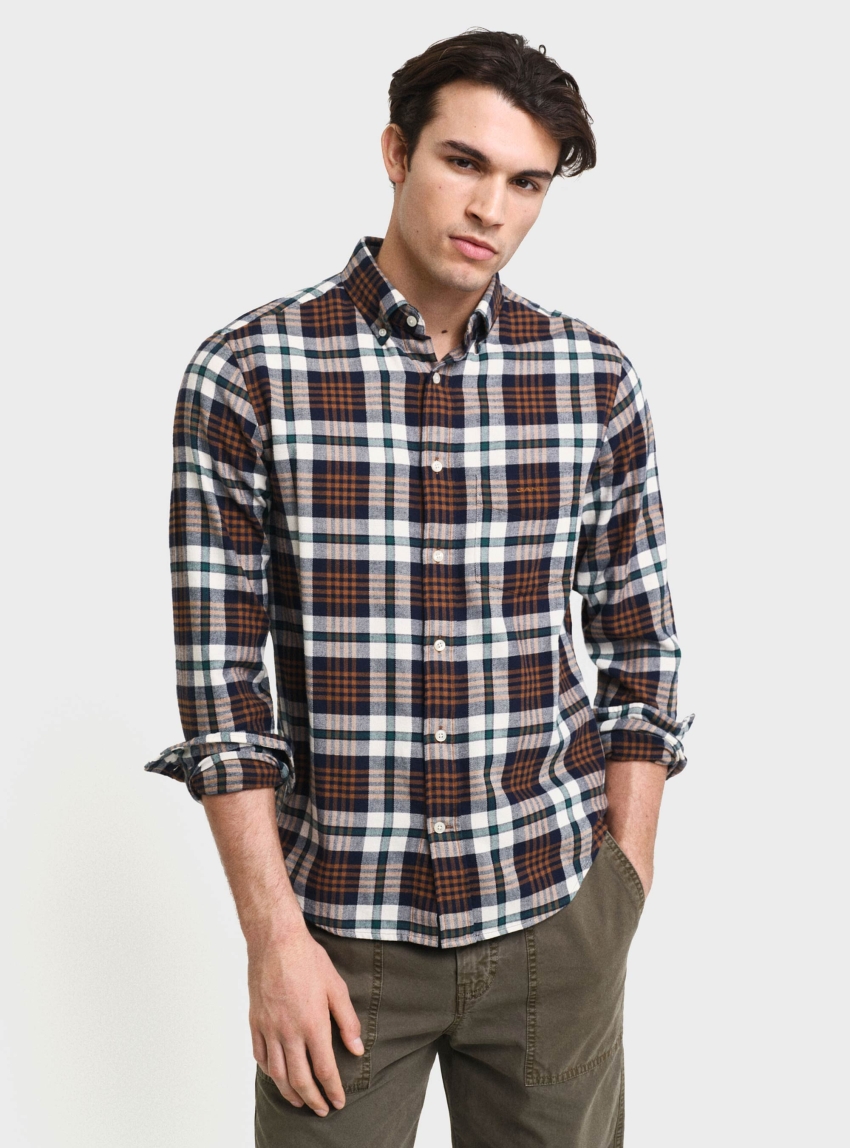 Gant Regular Fit Plaid Flannel Shirt - Rust Brown