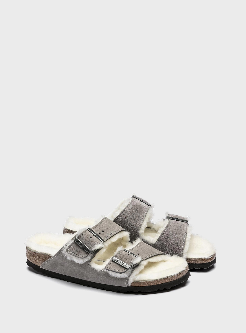 Birkenstock Arizona Shearling Suede Sandals - Grey