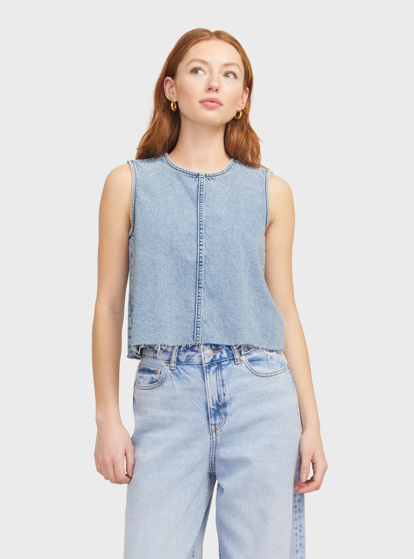 JJXX Maggie Cut Off Denim Top - Light Aged Denim