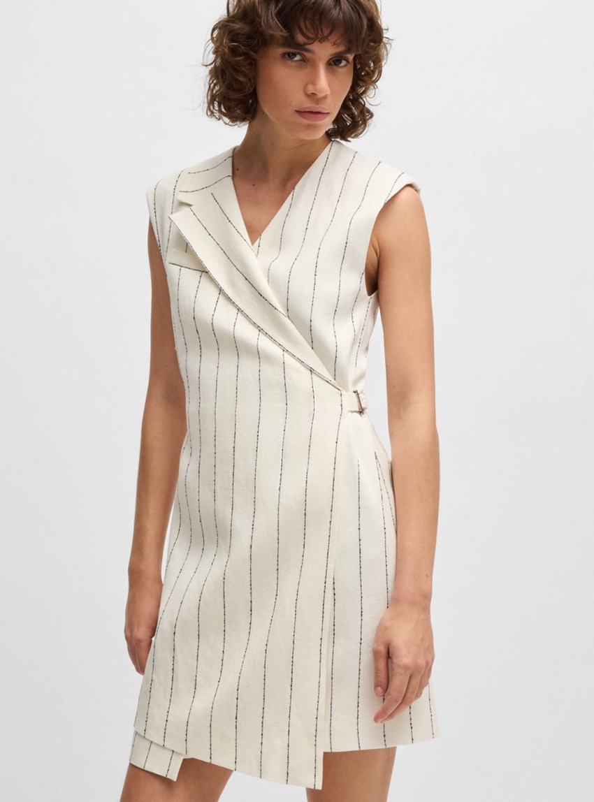 BOSS Wrap-Front Dress In A Pinstripe Linen Blend Dagania - Ecru