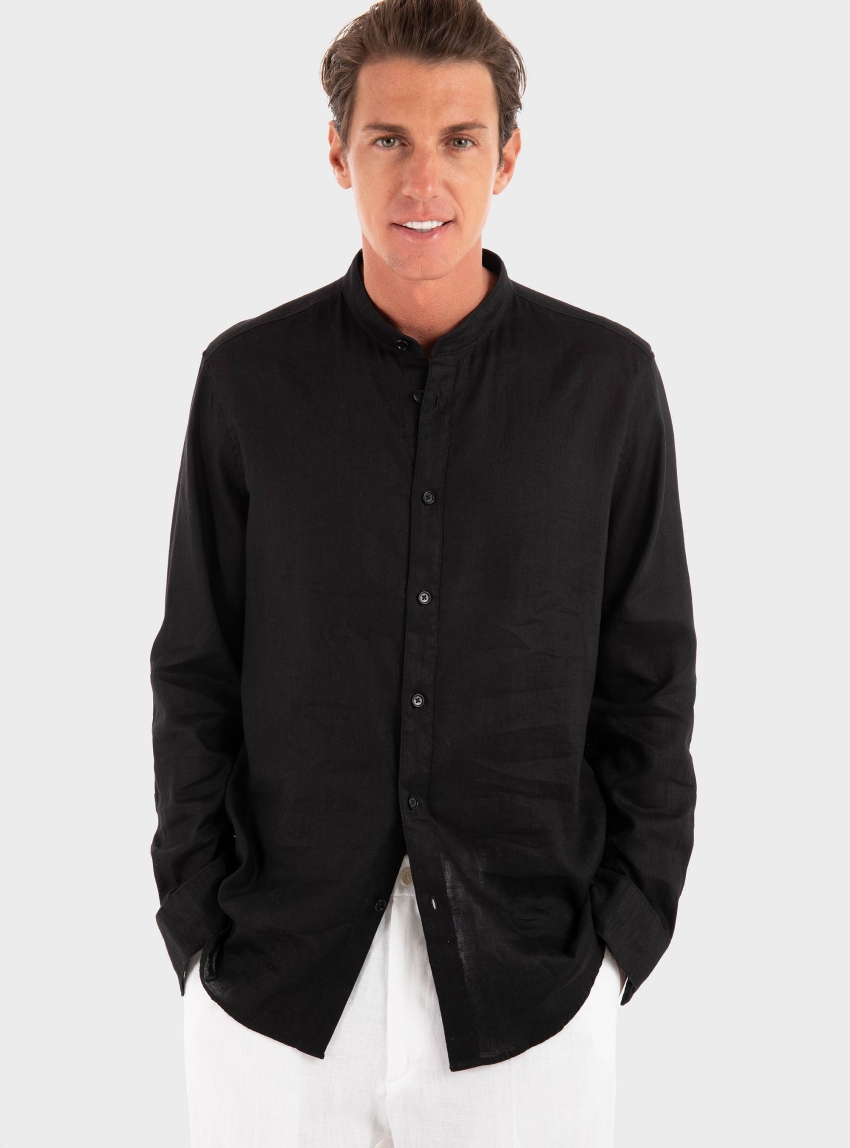 Drykorn Taloc Stand-Up Collar Linen Blend Shirt - Black & White