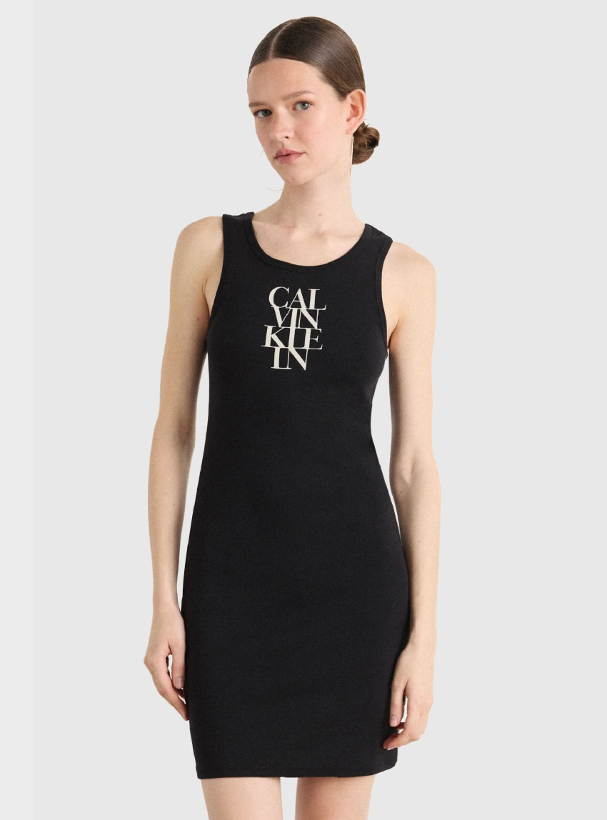 Calvin Klein Logo Graphic Ribbed Tank Dress - Black