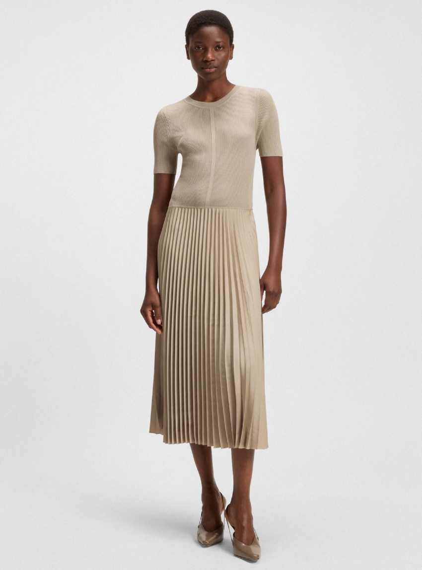 BOSS Mixed-Material Dress With Plissé Skirt Fadridi - Light Beige