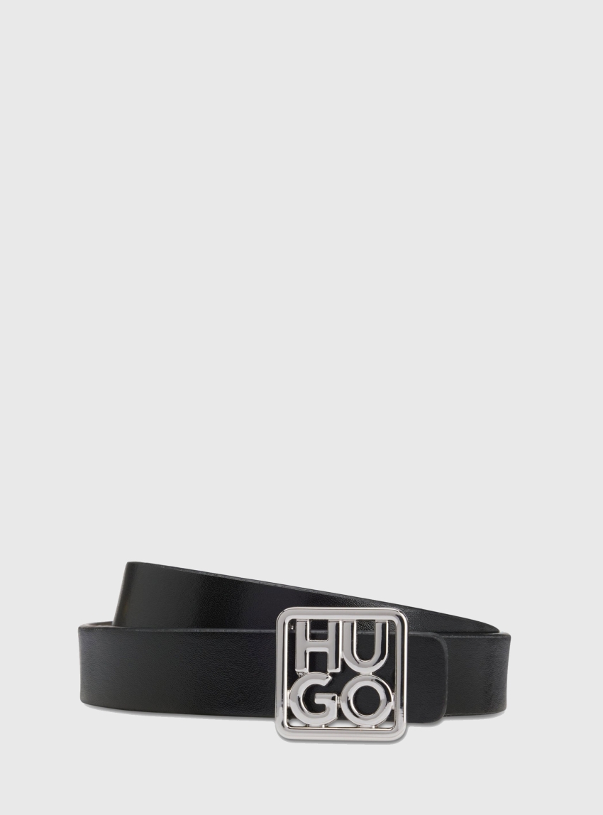 HUGO Italian-Leather Reversible Belt With Stacked-Logo Buckle Petrissa_Sr20 - Black